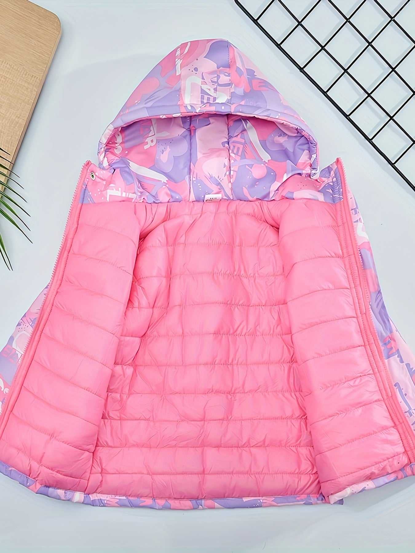 2024 Chic Girls' Hooded Puffer Jacket - Thick, Waterproof Winter Coat with Zip Closure & Cute Cartoon Print for Outdoor Fun