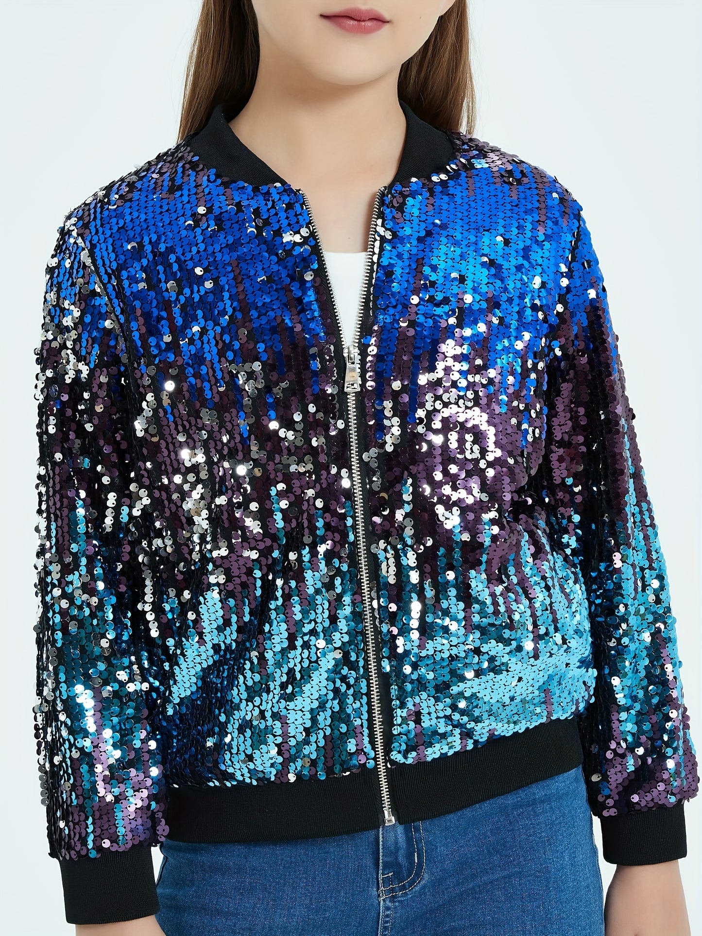 Sparkling Mebius Girls' Sequin Jacket - Long Sleeve Lightweight Zipper Bomber Jacket with Pockets for Kids 6-12 Years Old - Outerwear for School and Casual Wear