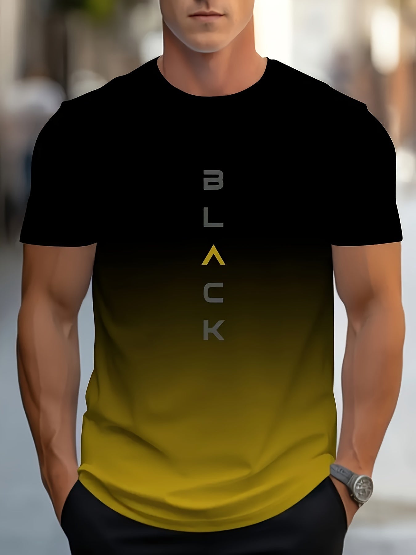 Black Men's Gradient Color Crew Neck T-shirt, Letter Print Summer Top For Daily And Outdoors Wear