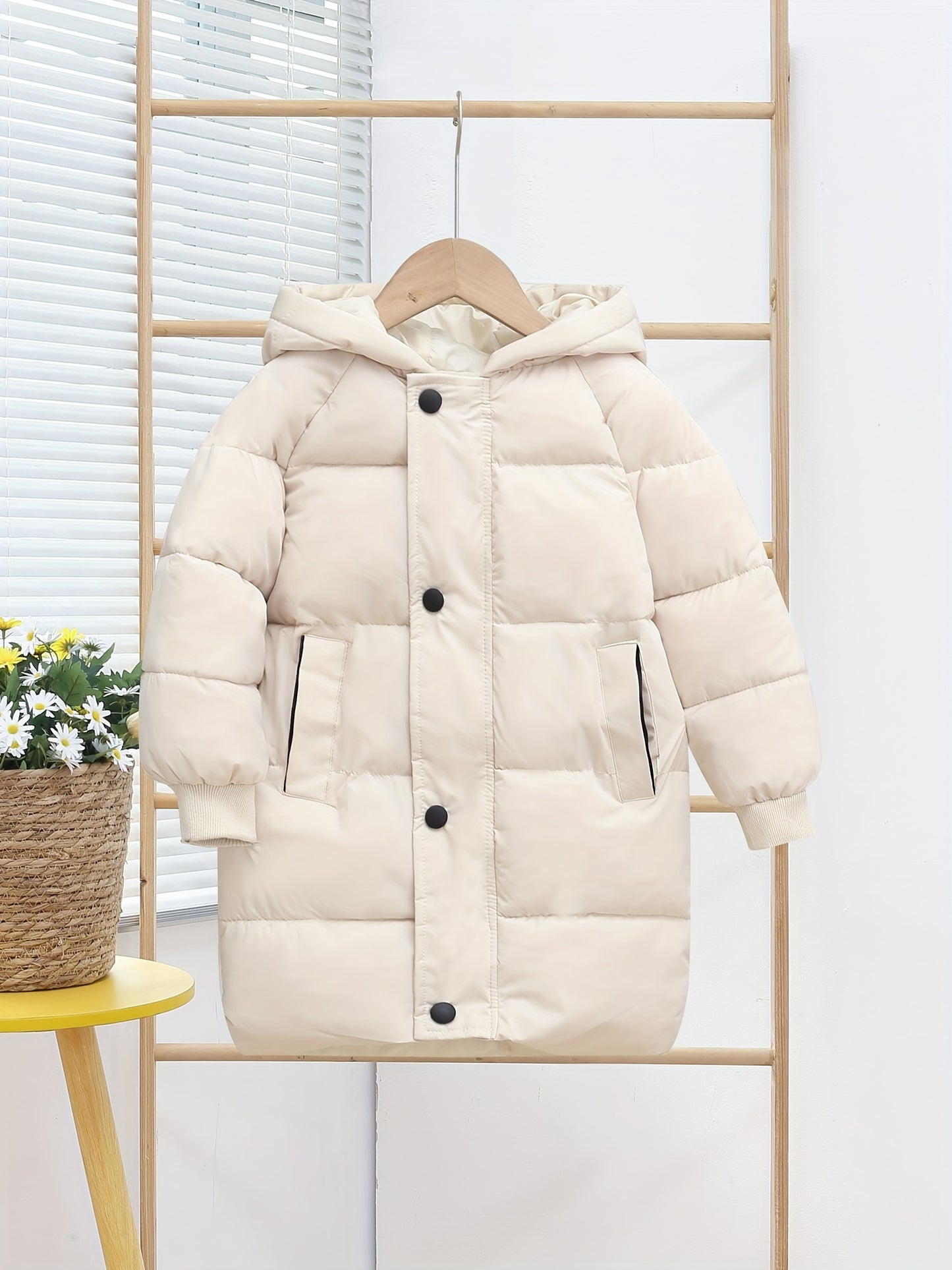 Kids Puffer Coat, Unisex Hooded Winter Jacket, Long Sleeve, Solid Color, Casual Style, Polyester Fleece Lining, Regular Fit, Zipper Closure, for Boys and Girls, Ski Jacket