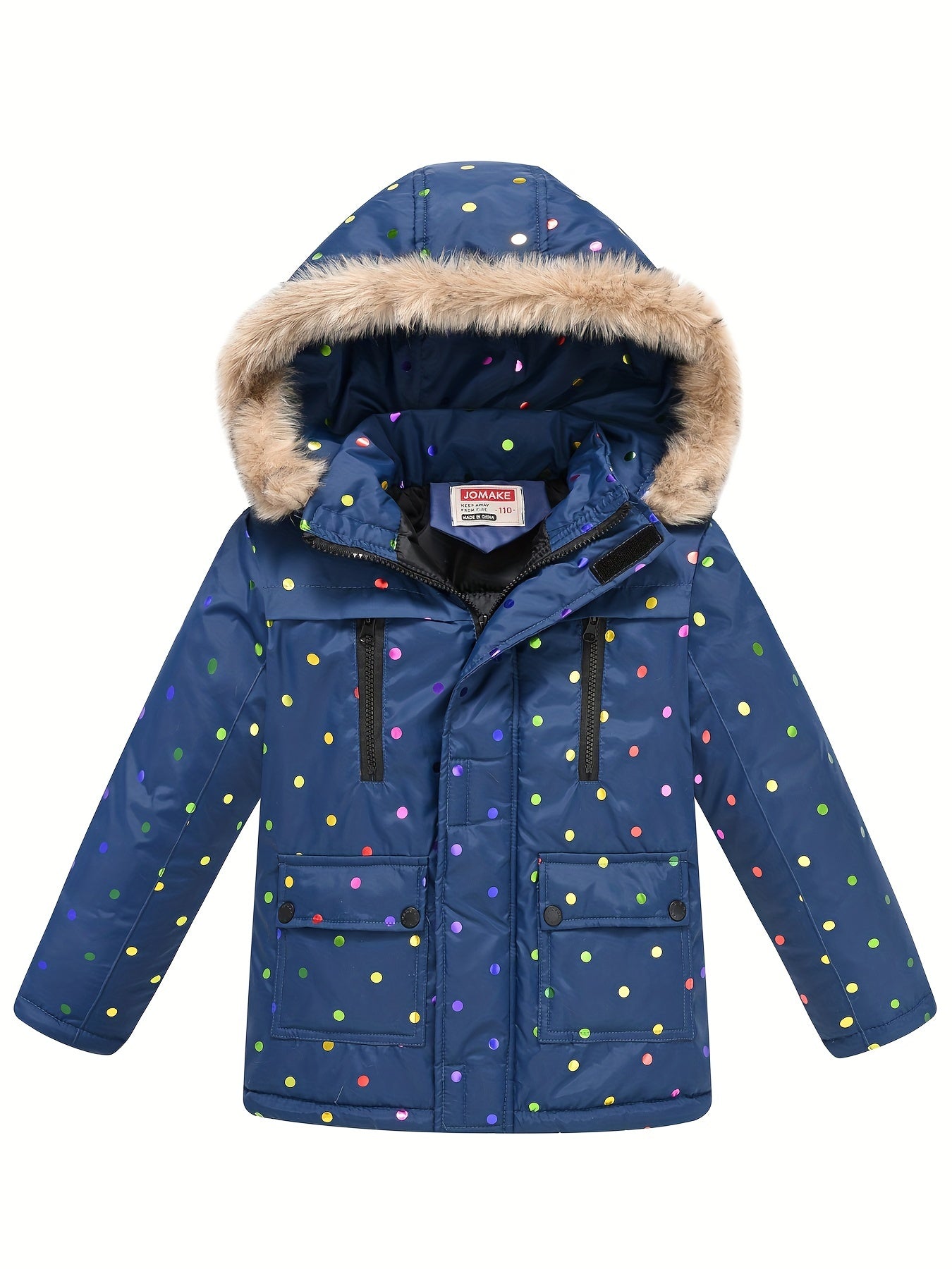 Thick Padded Full Print Hooded Coat For Girls, Detachable Hood Zip-up Casual Parkas For Winter/Fall, Stars/Dots Outdoor Cloth