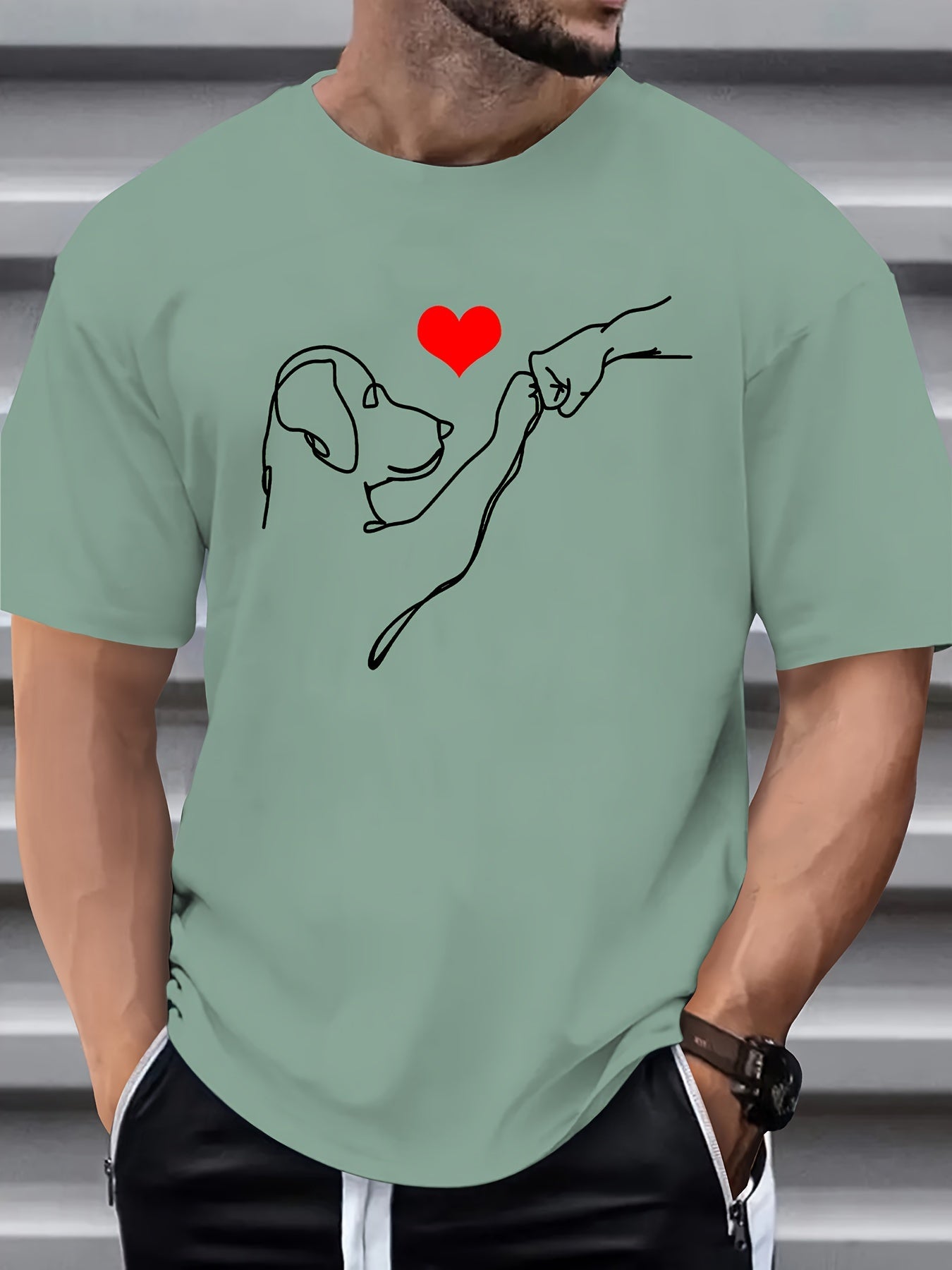 Casual Short Sleeve Cotton Blend Men's Dog Print T-shirt, Crew Neck Tee For Outdoor