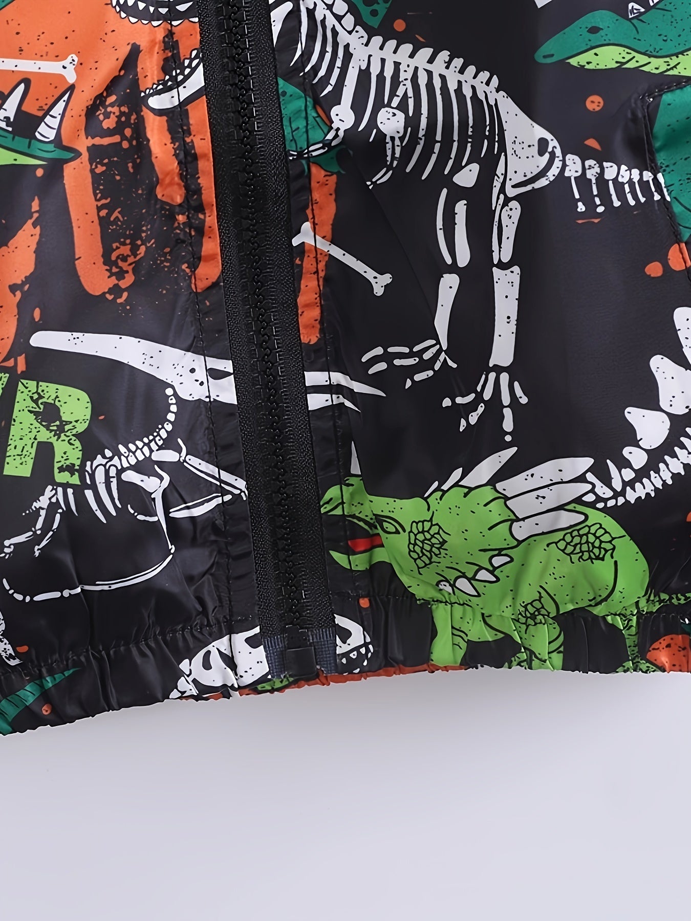 Vibrant Boys' Dinosaur Print Windbreaker Jacket - Water Resistant, Long Sleeve, Zip-Up, Hooded, Cartoon Design - Perfect for Outdoor Play and Casual Wear
