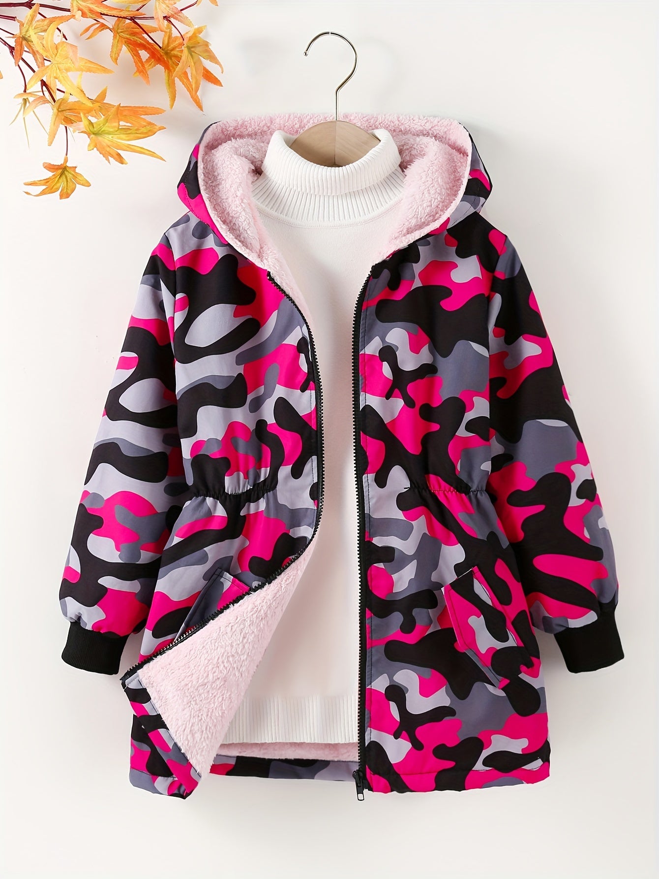 Girl's Camouflage Long Sleeve Hooded Jacket, Cute Trendy Versatile Fleece Lining Windproof Coat For Winter And Autumn