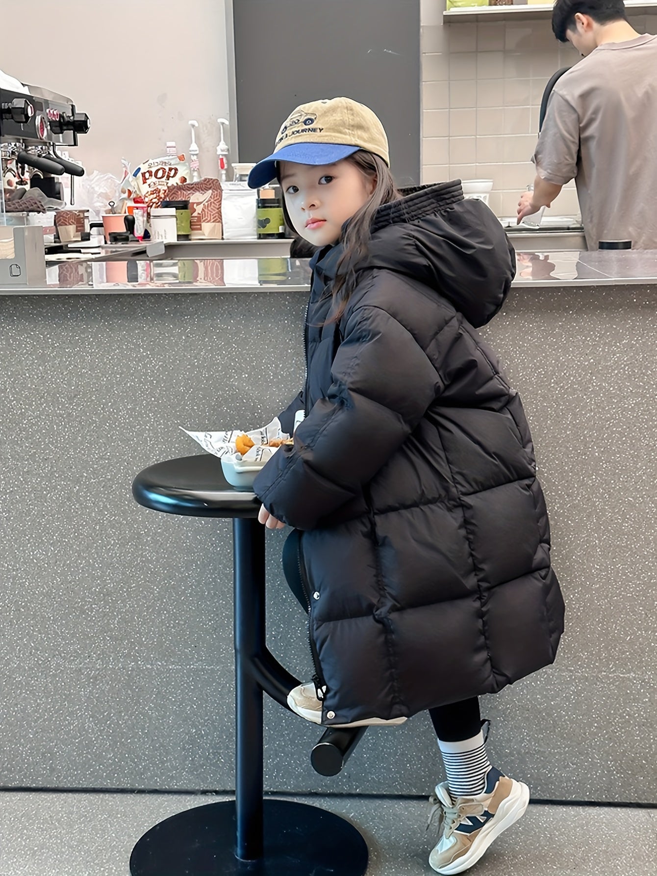 1pc Girls' Winter 2024 Casual Style Hooded Puffer Coat, Thickened Windproof Mid-Length, Solid Color Polyester Filling, Regular Fit, Non-Stretch Fabric