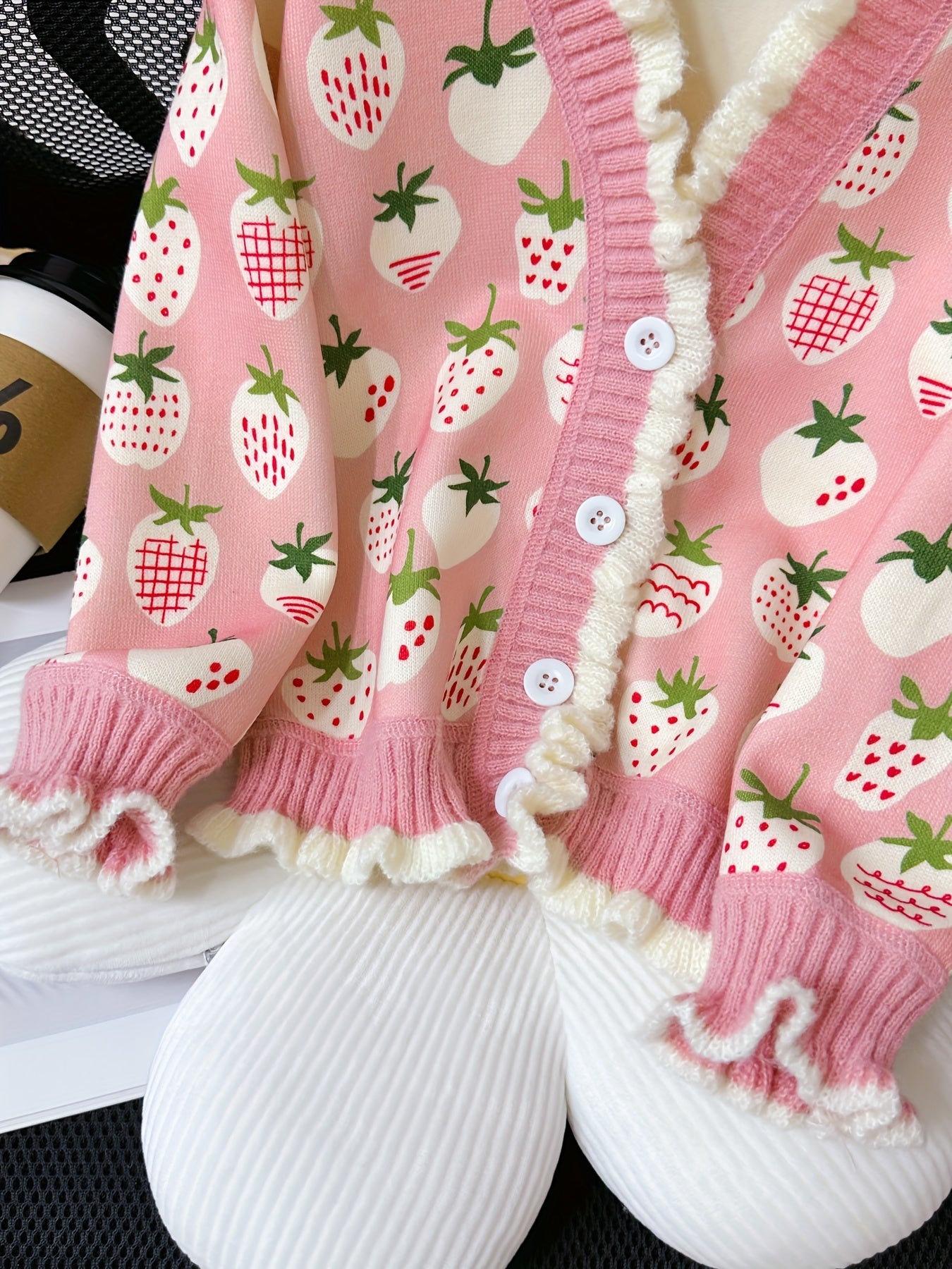 Girls Thermal Comfy Strawberry Print Knit Cardigan - Elegant V-Neck Long Sleeve Button-Down Sweater For Autumn/Winter