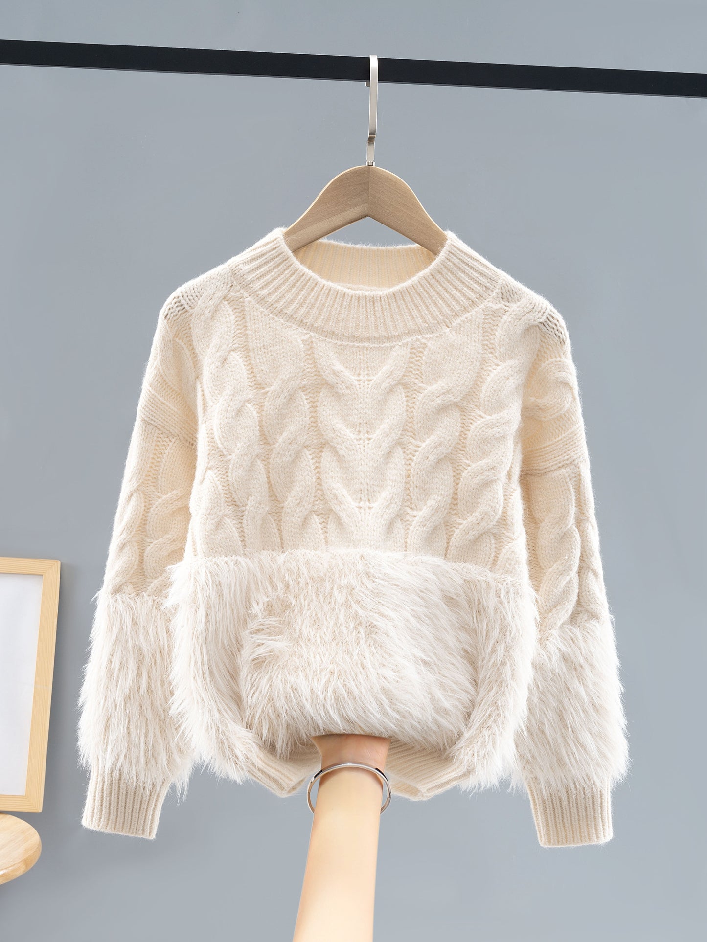 Chic Girls' Faux Mink Knit Sweater - Cozy & Stretchy, Machine Washable, Round Neck for Fall/Winter