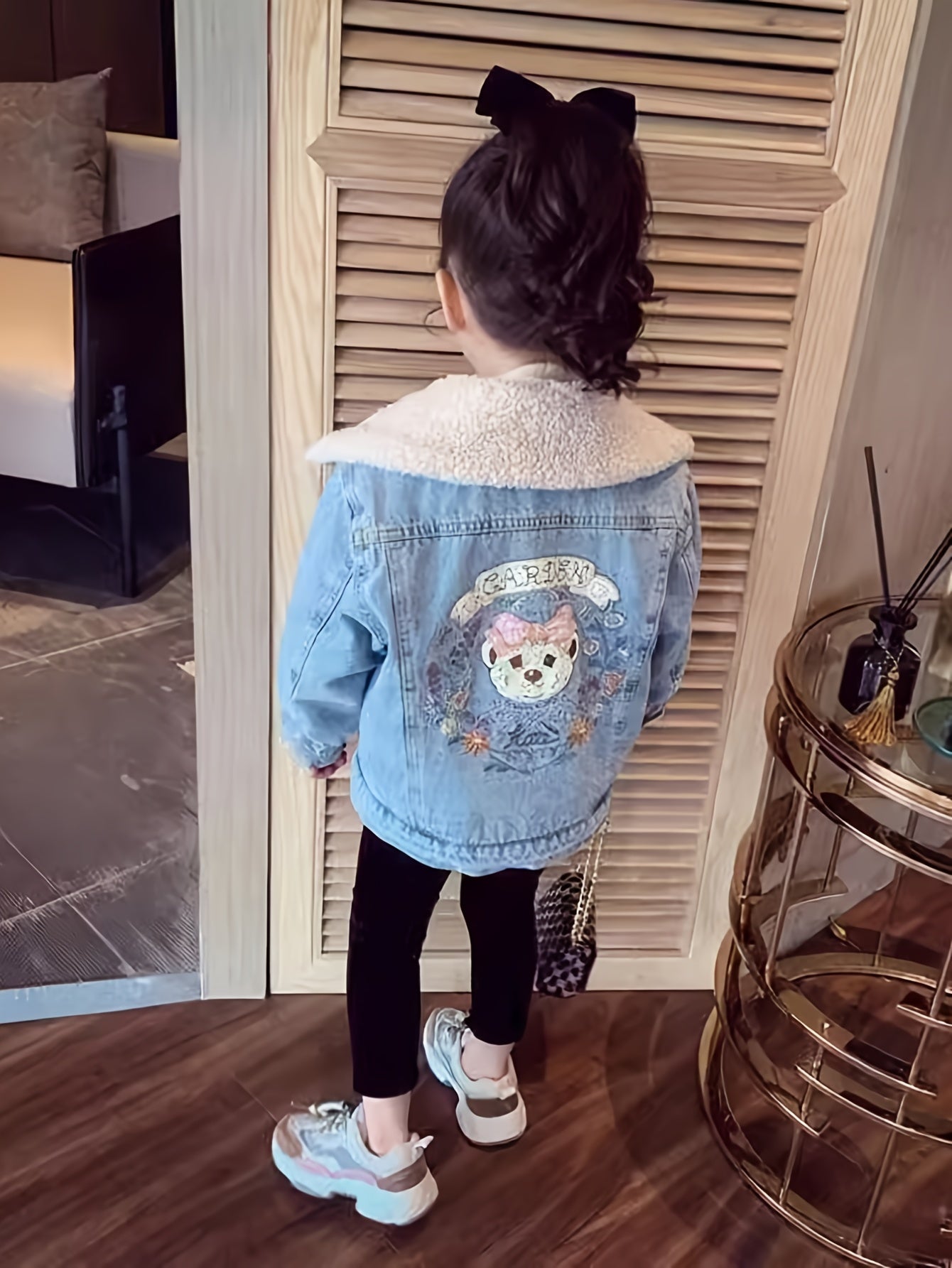 Cute Thick Warm Denim Jacket For Girls With Fleece Collar, Cartoon Back Pattern Thermal Winter Coat