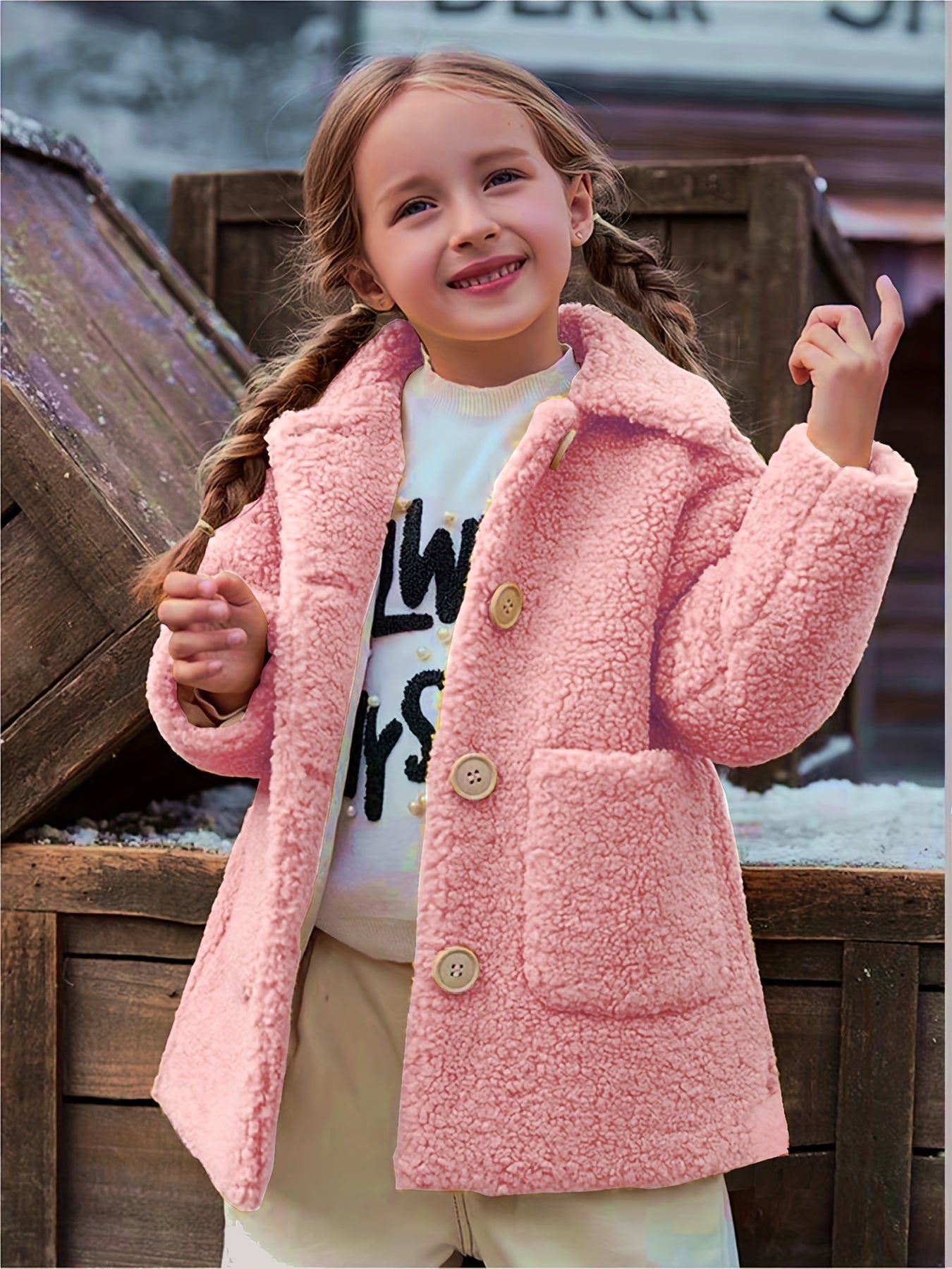 2024 Elegant Shearling Windbreaker Coat - Lapel Collar, Pocket, Slight Stretch, Solid Color, Hand Washable - Winter Thermal Jacket for Girls