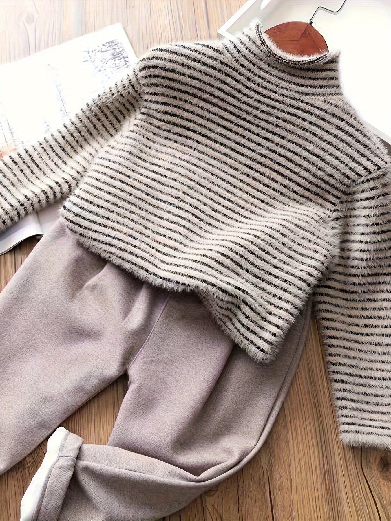 Girls Thermal Pullover Cozy Stretch Stripe Long Sleeve Mock Neck Layer Knit Top For Fall/Winter/ Spring