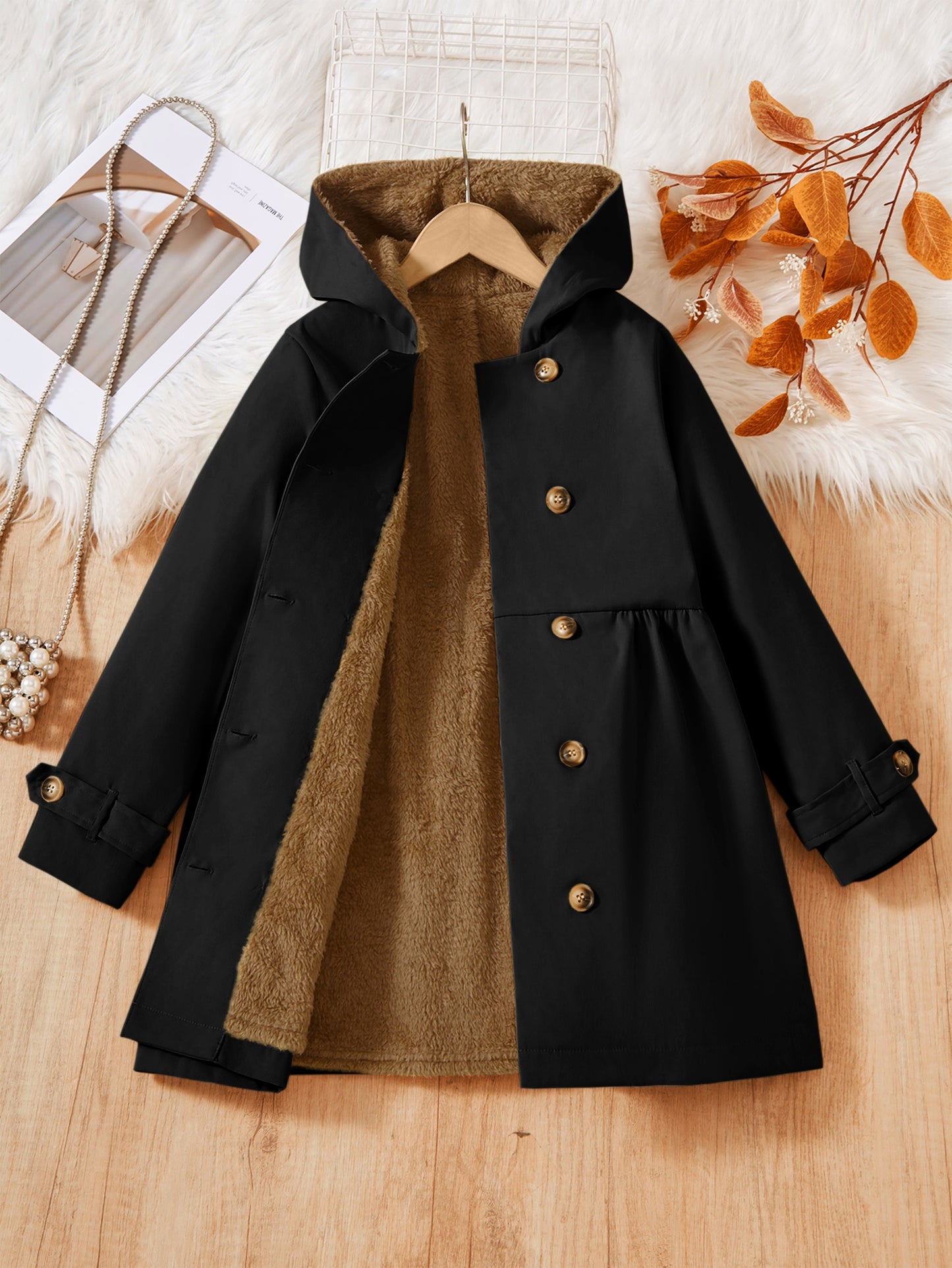 Double-Breasted Coat, Plush, Warm And Comfortable, Hooded Coat (Fake Fur, Plush Lining, Lining Composition 100% Polyester) Autumn And Winter Gift)