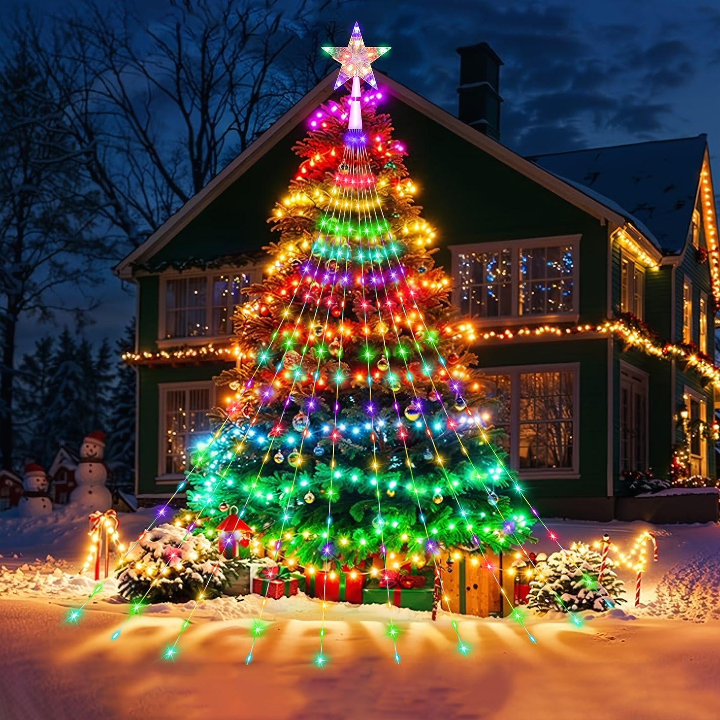 10ft Multicolor Star String Lights with 320 LEDs - Waterfall Christmas Tree Fairy Lights with Star Topper, 8 Lighting Modes for Indoor/Outdoor Holiday Decor, Christmas Decor