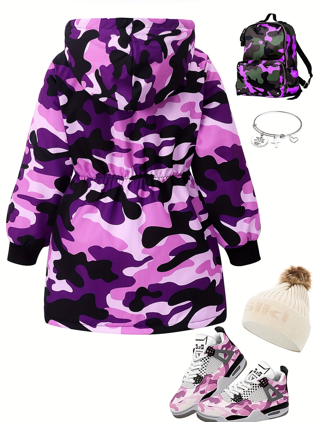 Girl's Camouflage Long Sleeve Hooded Jacket, Cute Trendy Versatile Fleece Lining Windproof Coat For Winter And Autumn