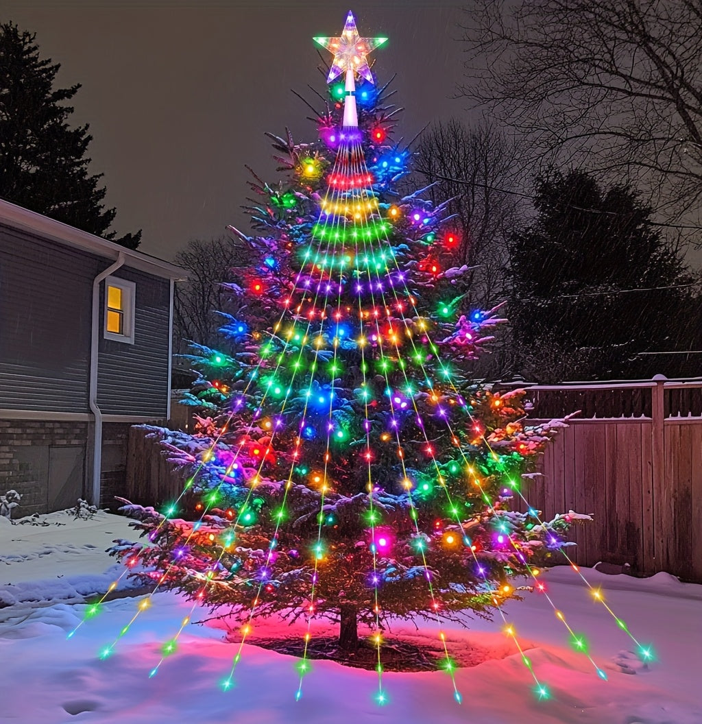 10ft Multicolor Star String Lights with 320 LEDs - Waterfall Christmas Tree Fairy Lights with Star Topper, 8 Lighting Modes for Indoor/Outdoor Holiday Decor, Christmas Decor