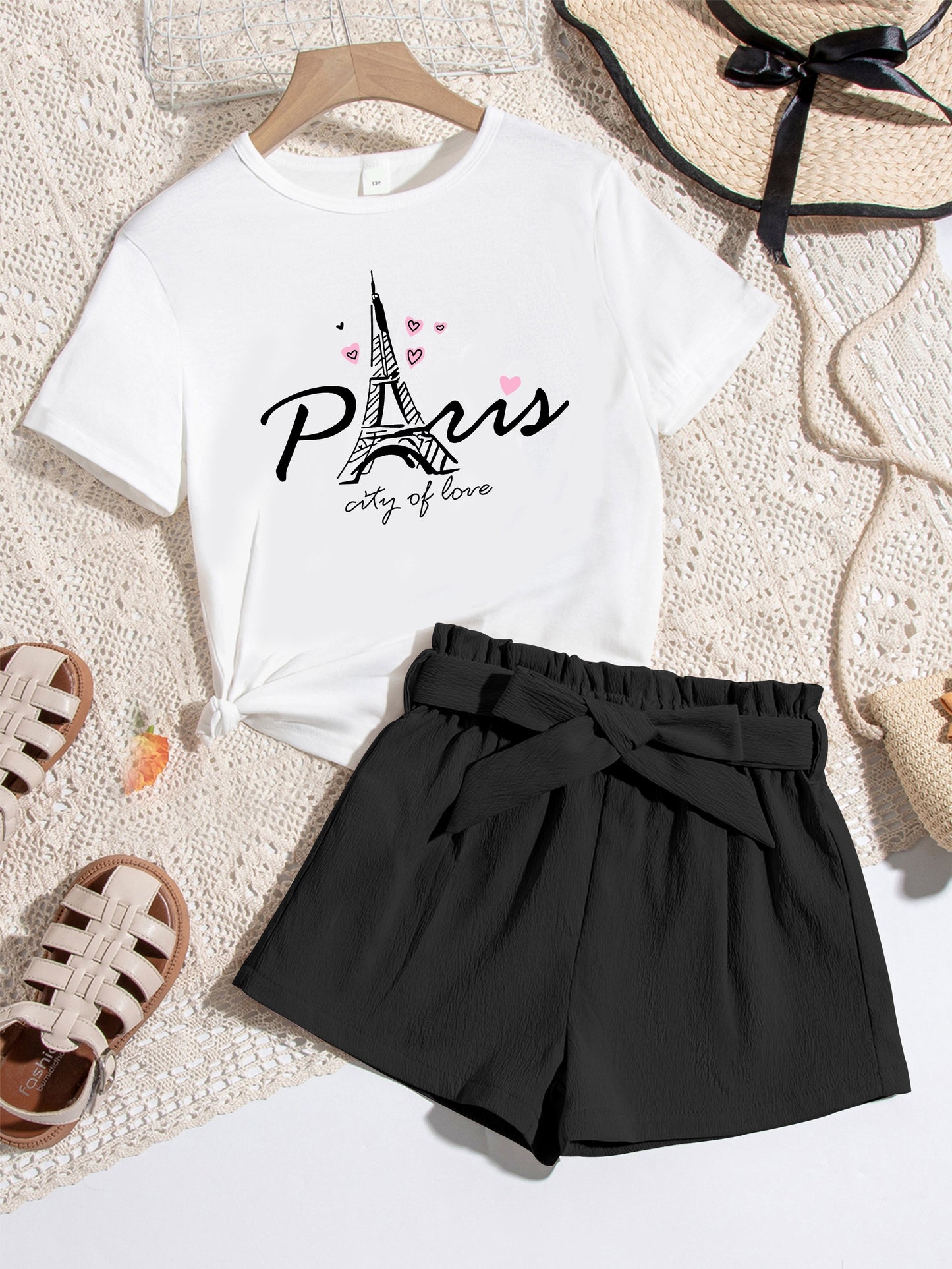 2-Piece Set: Eiffel Tower Graphic Print Teen Girls' Casual Short Sleeve T-shirt & Shorts, Lightweight, Comfy, Cute Summer Clothes