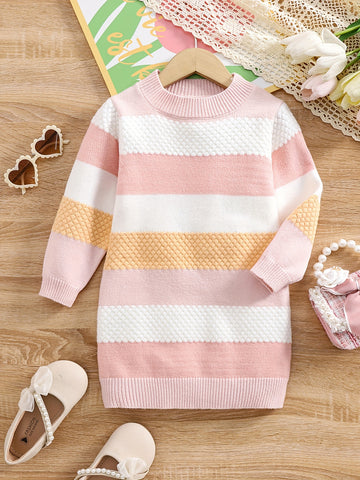 Girls Stripe Pattern Crew Neck Midi Knit Dress, Suitable For Daily Casual Wear In Autumn And Winter — view 1 of women's clothing