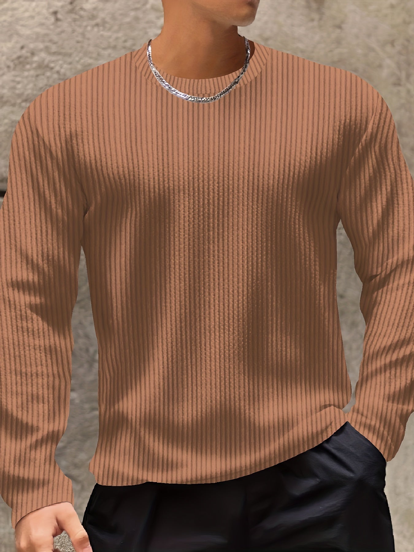 Long Sleeve Men's Striped Casual Crew Neck T-shirt, Outdoor Clothing