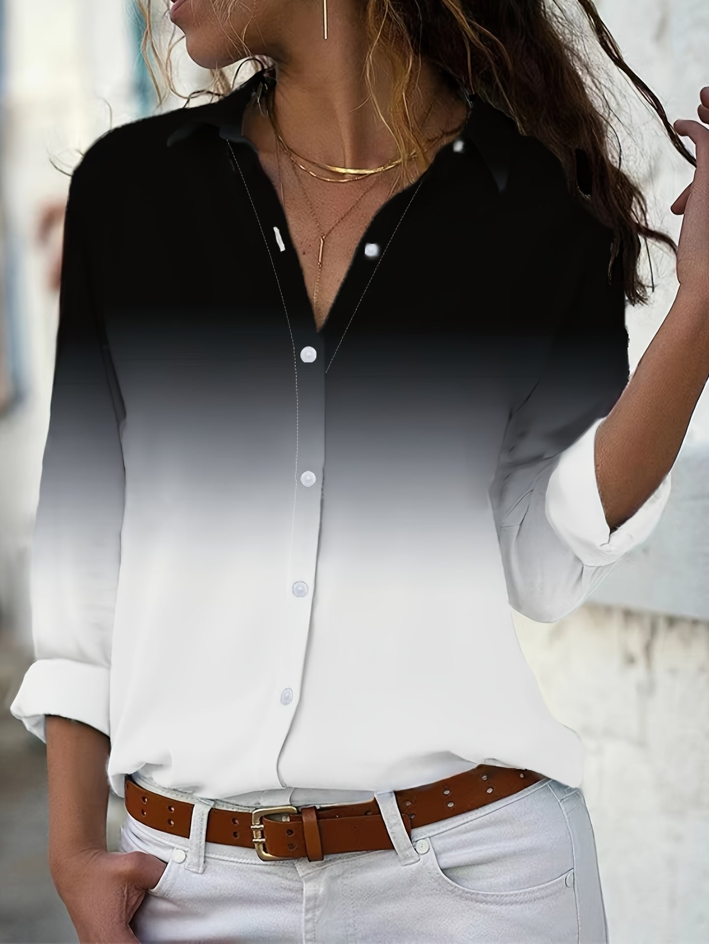 Elegant Gradient Black and White Ombre Blouse with Lapel Collar, Split Sleeve and Flared Hem, 100% Polyester Stylish Long Sleeve Shirt for Women - All Season Single Breasted Casual Chic Top