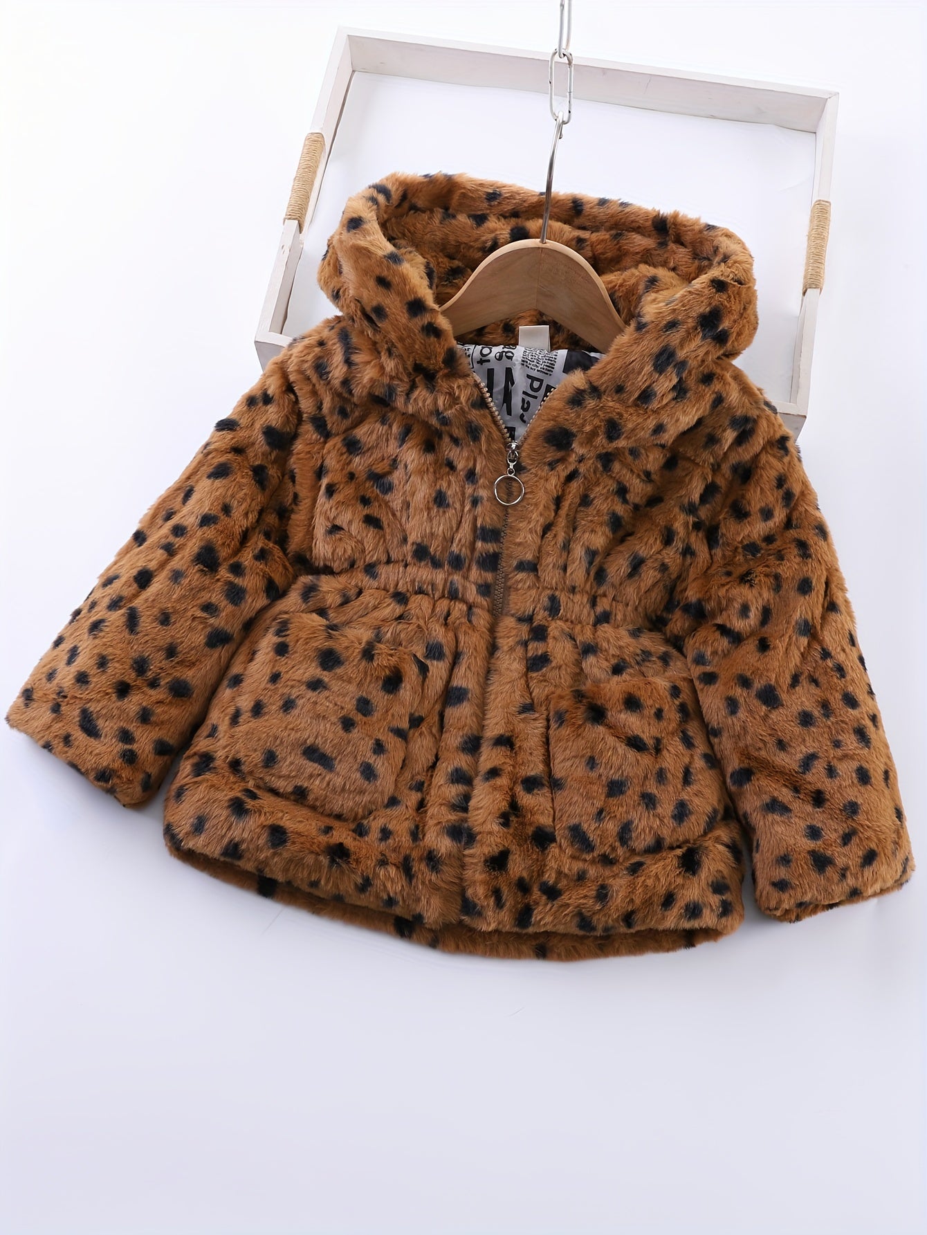 2024 Winter Girl's Fleece Leopard Print Coat, Casual Hooded Jacket For Kids