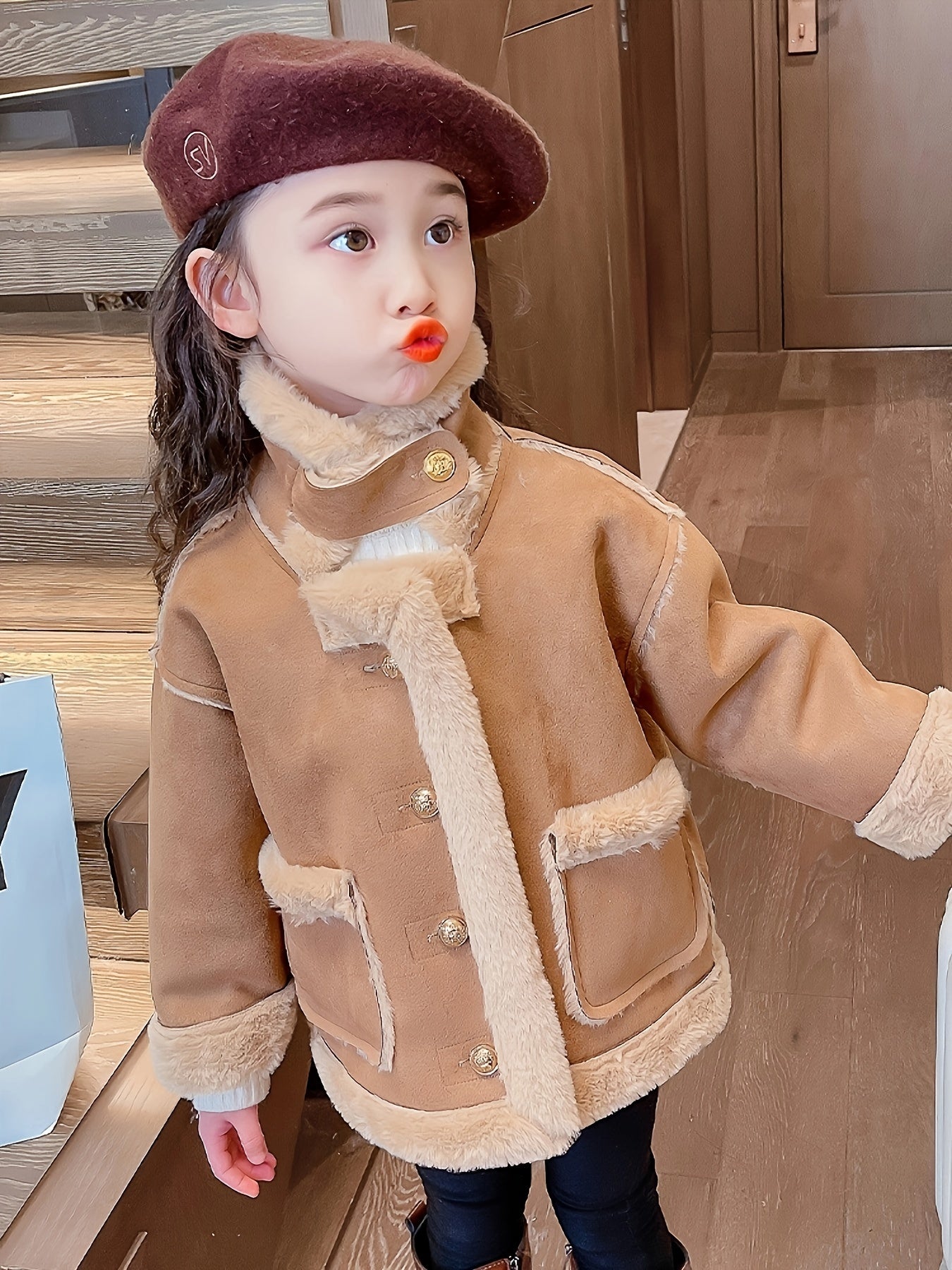 Snug Warmth, Chic Girls' Fleece-Lined Winter Coat - Cotton Blend, High Neck, Embroidered Details, Perfect for Fall/Winter