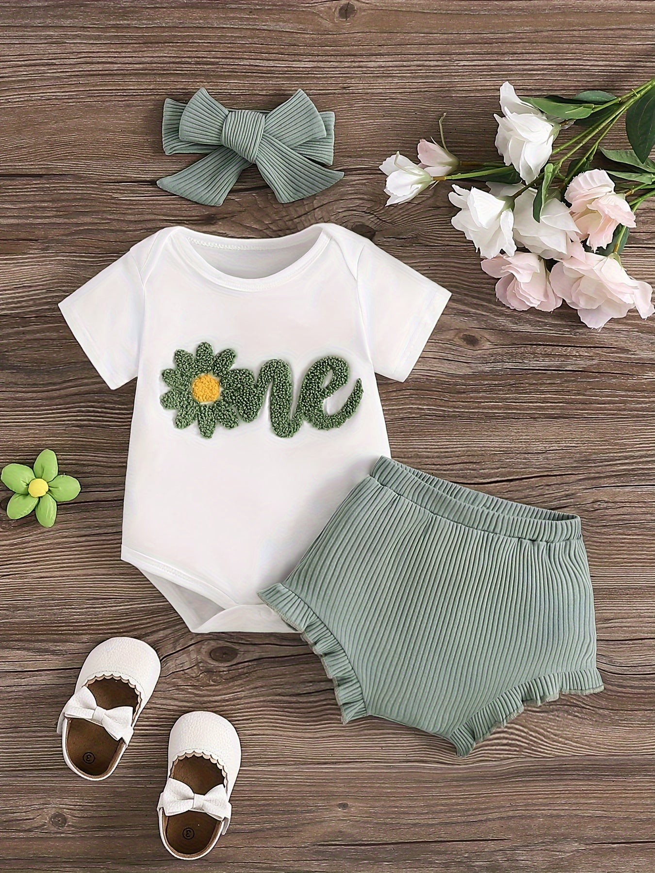 Baby's ONE Flower Embroidered 2pcs Summer Outfit, Cotton Triangle Bodysuit & Ribbed Shorts Set, Toddler & Infant Girl's Clothes For Daily Outdoor/Holiday/Party