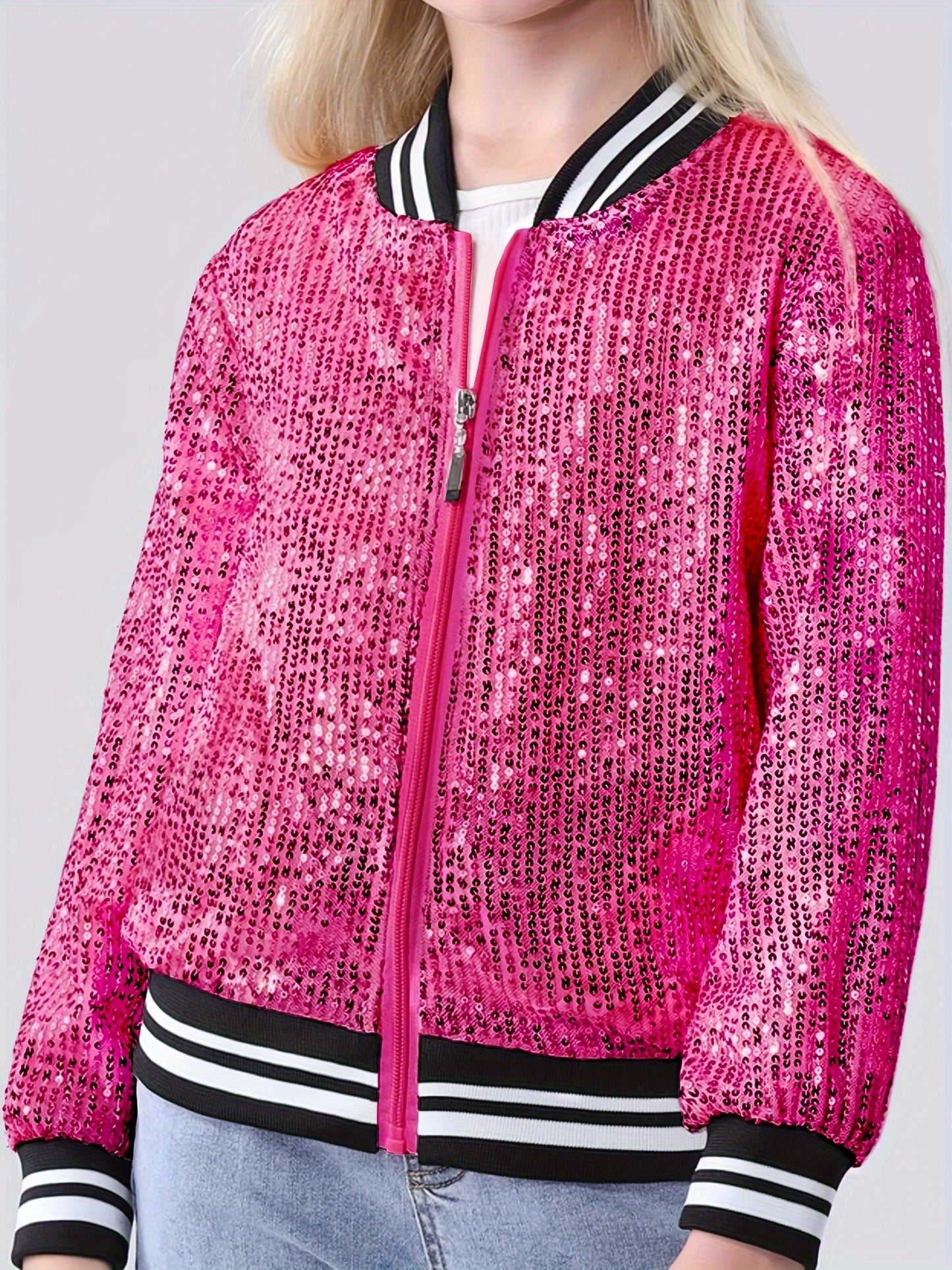 Sparkling Mebius Girls' Sequin Jacket - Long Sleeve Lightweight Zipper Bomber Jacket with Pockets for Kids 6-12 Years Old - Outerwear for School and Casual Wear