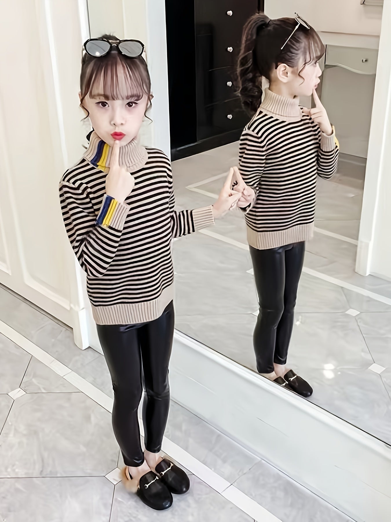 Cozy Girls' Long Sleeve Striped Knit Turtleneck Sweater for Autumn and Winter - Warm Layering Top