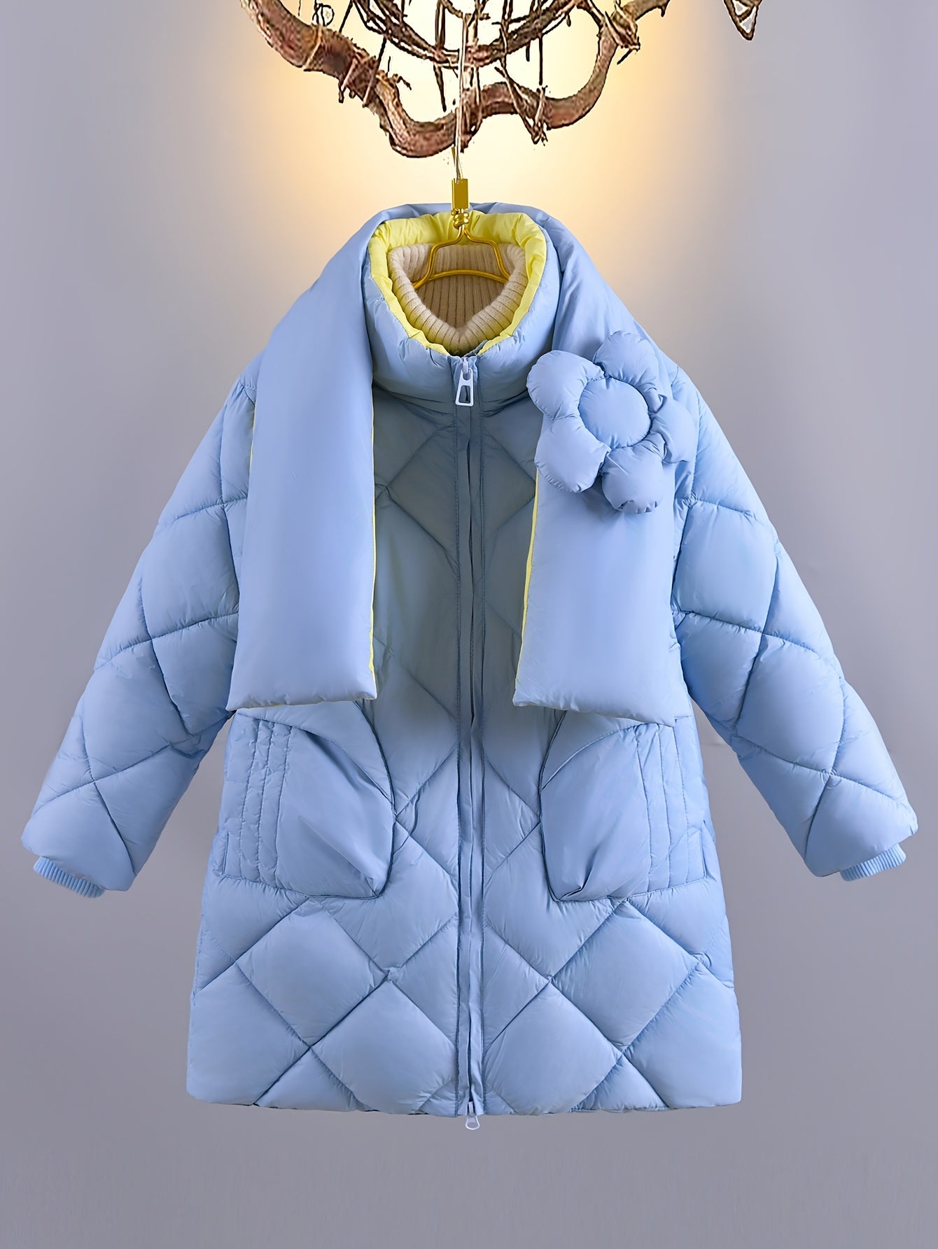 Girls’ Knee-High Puffer Coat with Flower Scarf – Casual Stand Collar, Long Sleeve, Zipper Closure