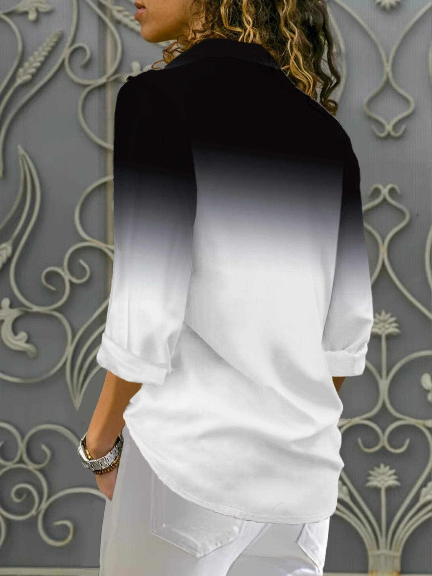 Elegant Gradient Black and White Ombre Blouse with Lapel Collar, Split Sleeve and Flared Hem, 100% Polyester Stylish Long Sleeve Shirt for Women - All Season Single Breasted Casual Chic Top