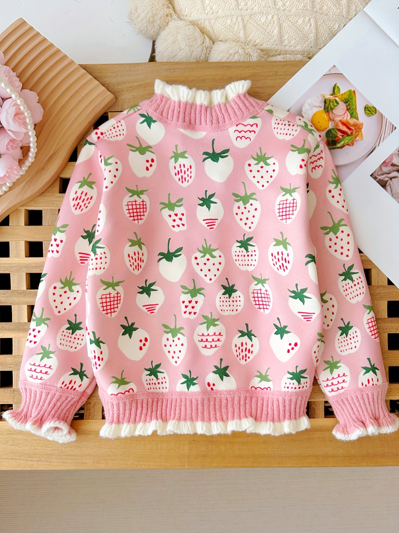 Girls Thermal Comfy Strawberry Print Knit Cardigan - Elegant V-Neck Long Sleeve Button-Down Sweater For Autumn/Winter