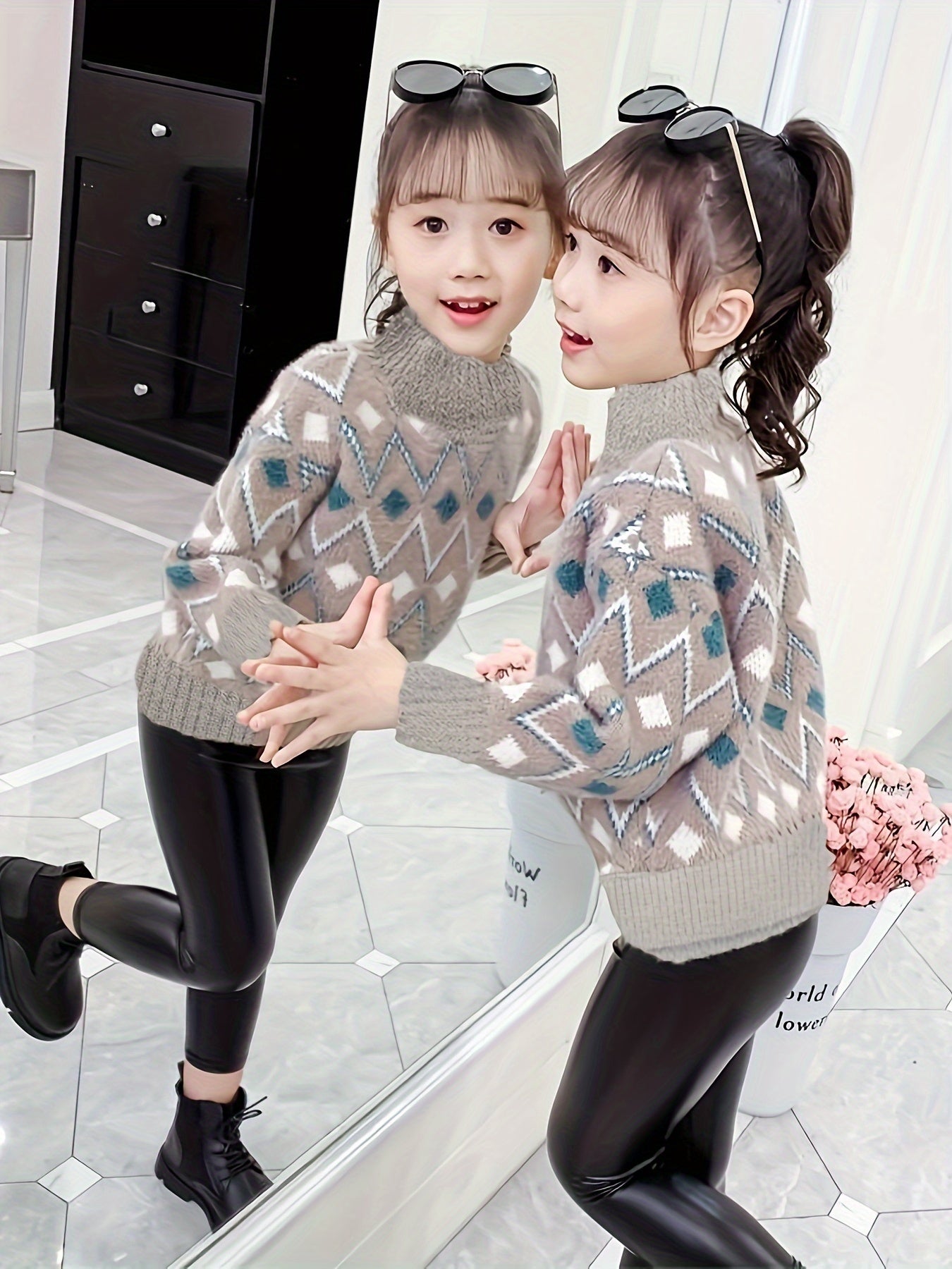 Thermal Stylish Argyle Knitted Sweater For Girls, Soft Fluffy Long Sleeve Mock Neck Jumper Top