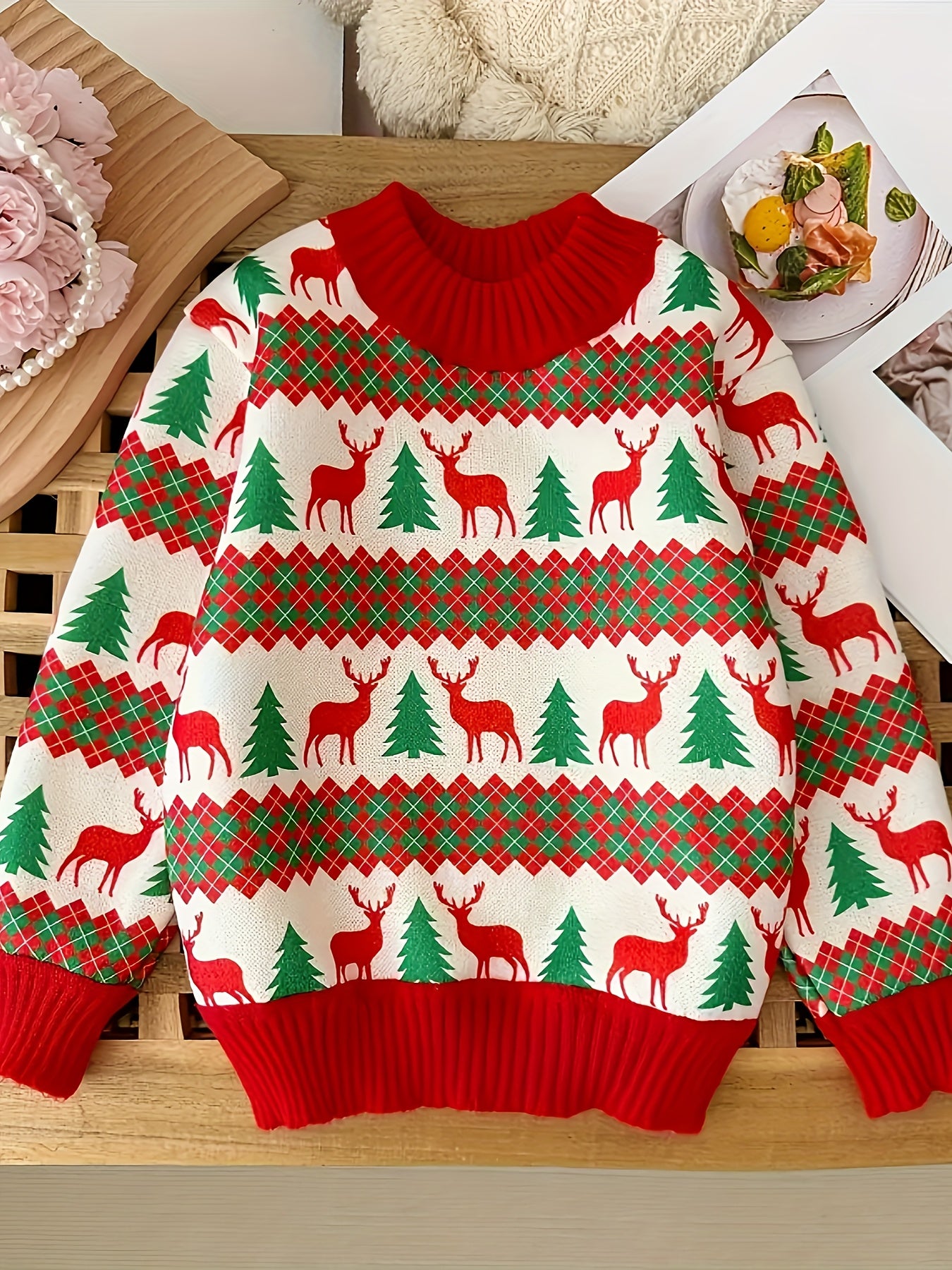2024 Cozy Youngsters' Christmas Cartoon Sweater - Thick, Stretchy Polyester Blend Pullover for Boys & Girls, Perfect for Fall/Winter Parties