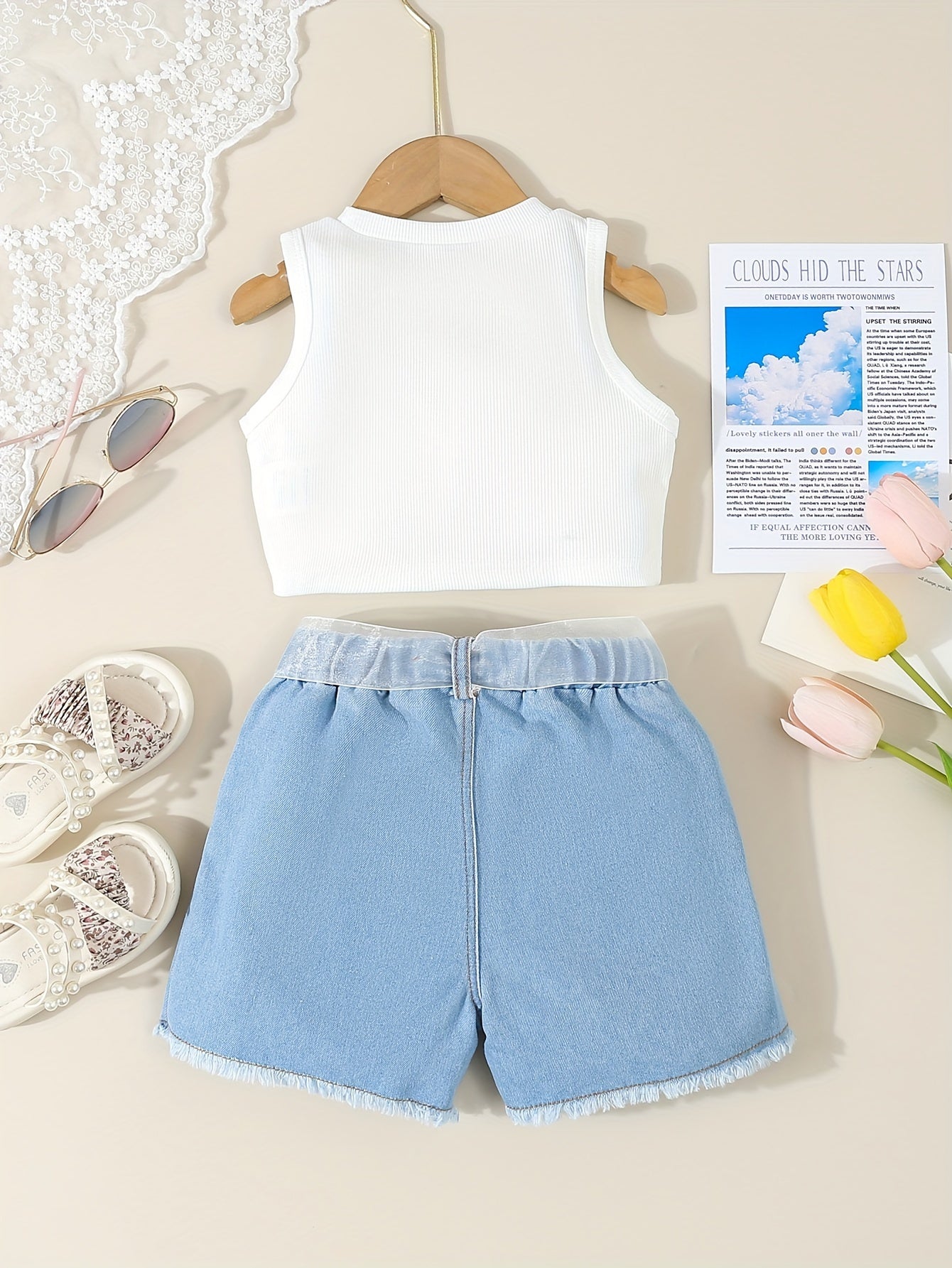 Girl's Outfit Basic Tank Top + Raw Hem Pearls Design Shorts Daily Summer Set, Girls Outdoor Clothes, Gift