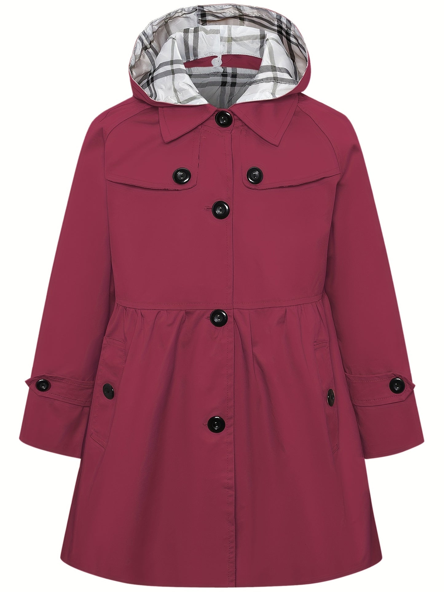 Elegant Hooded Cotton Blend Trench Coat for Youth with Non-Stretch Fabric and Solid Color Design, Featuring Faux Button Details and Hood - Suitable for Ages 12 and Under for Fall Season