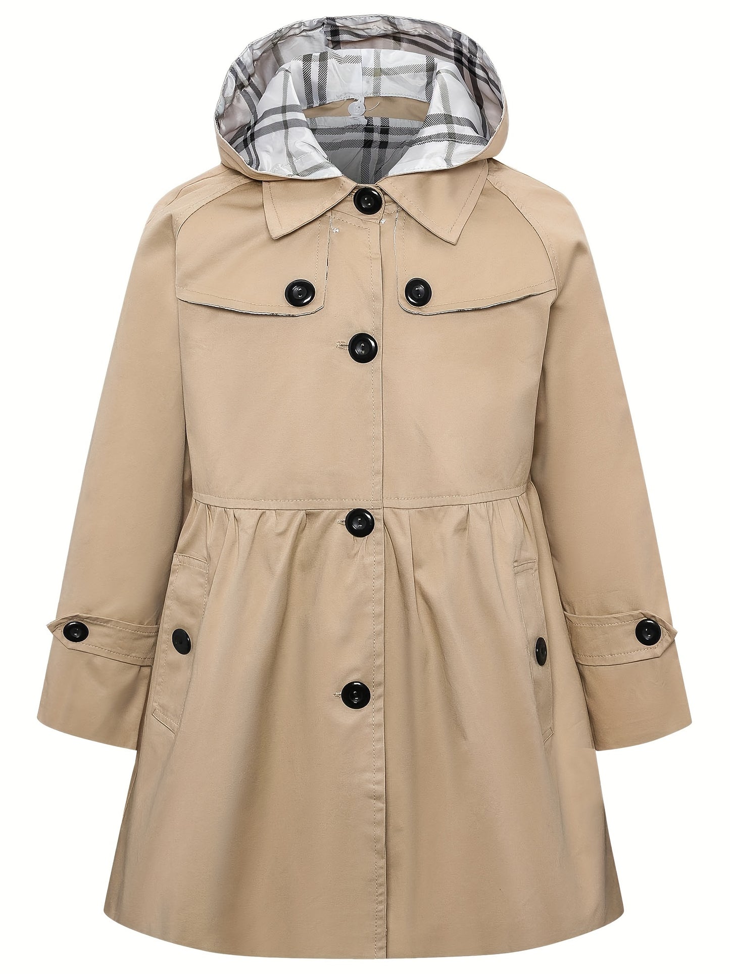 Elegant Hooded Cotton Blend Trench Coat for Youth with Non-Stretch Fabric and Solid Color Design, Featuring Faux Button Details and Hood - Suitable for Ages 12 and Under for Fall Season