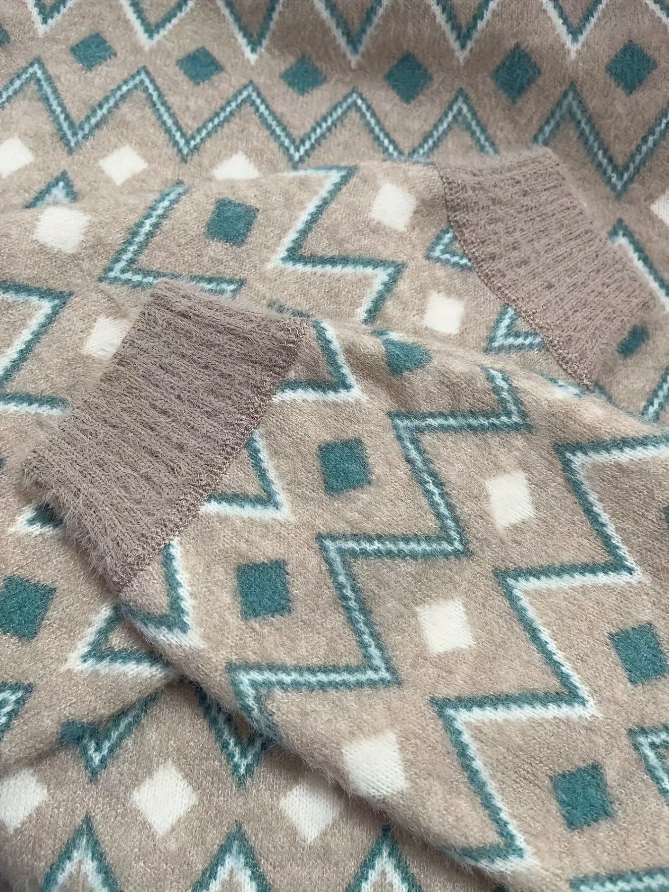 Thermal Stylish Argyle Knitted Sweater For Girls, Soft Fluffy Long Sleeve Mock Neck Jumper Top