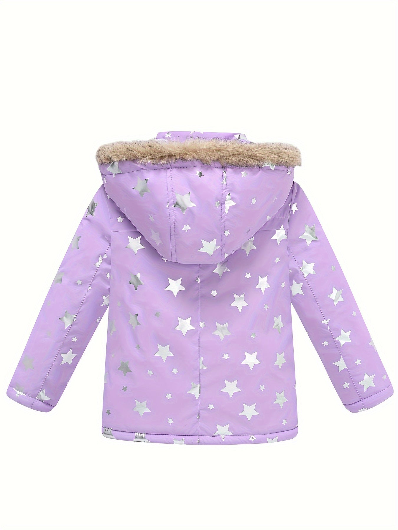 Thick Padded Full Print Hooded Coat For Girls, Detachable Hood Zip-up Casual Parkas For Winter/Fall, Stars/Dots Outdoor Cloth