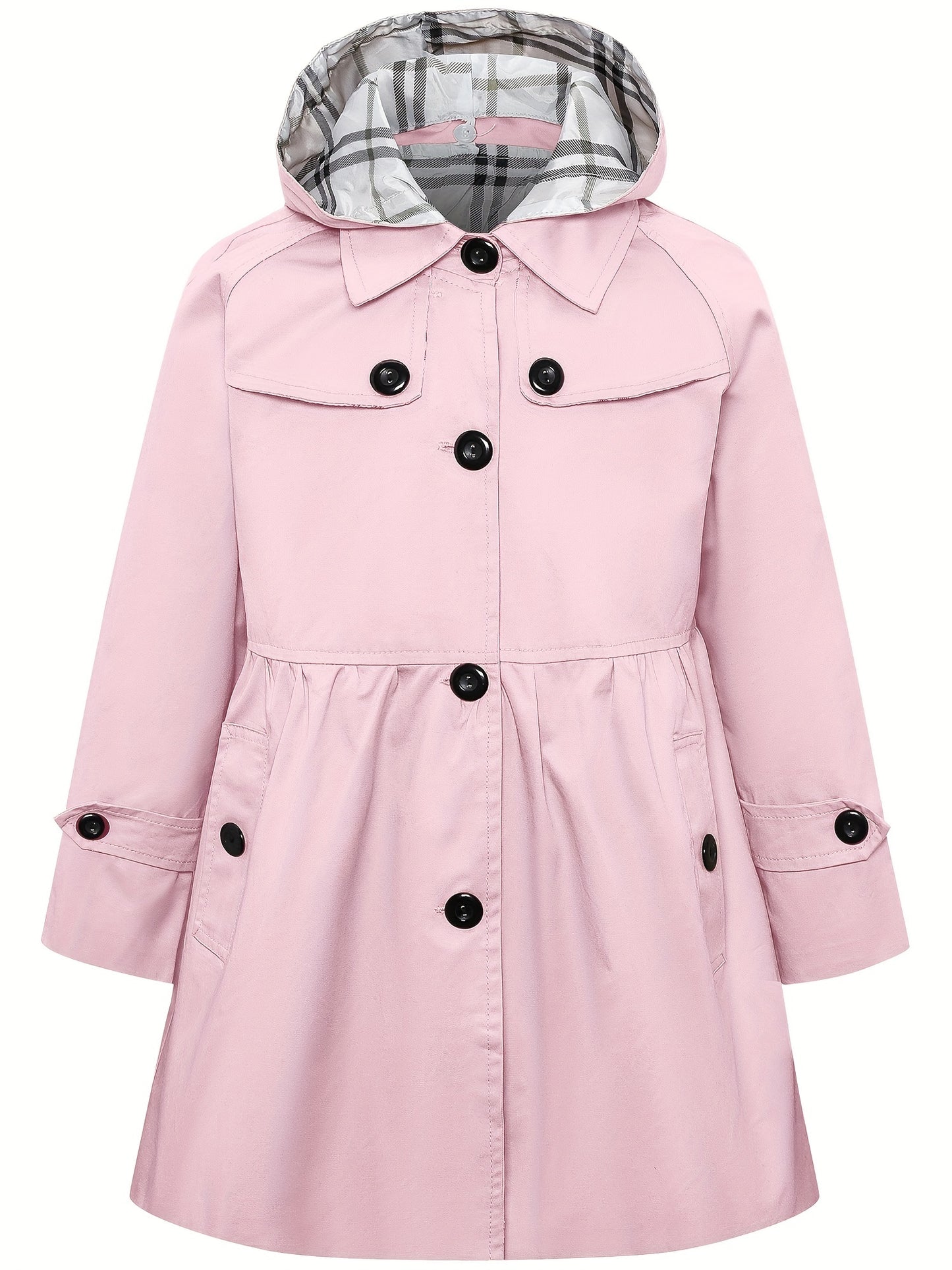 Elegant Hooded Cotton Blend Trench Coat for Youth with Non-Stretch Fabric and Solid Color Design, Featuring Faux Button Details and Hood - Suitable for Ages 12 and Under for Fall Season