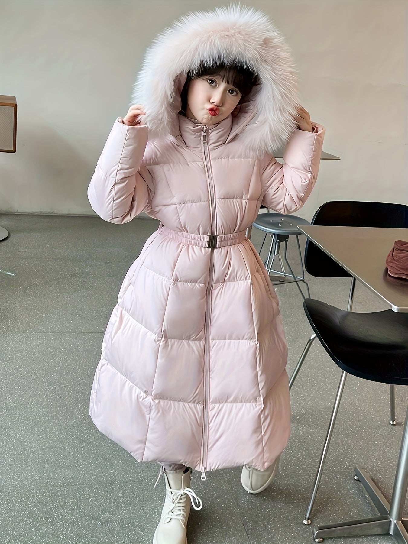 Elegant Long-Length Hooded Parka for Girls, Winter Slim Fit Puffer Coat with Belt, 100% Polyester Composition, Non-Stretch Solid Color with Flared Hem, Regular Sleeve