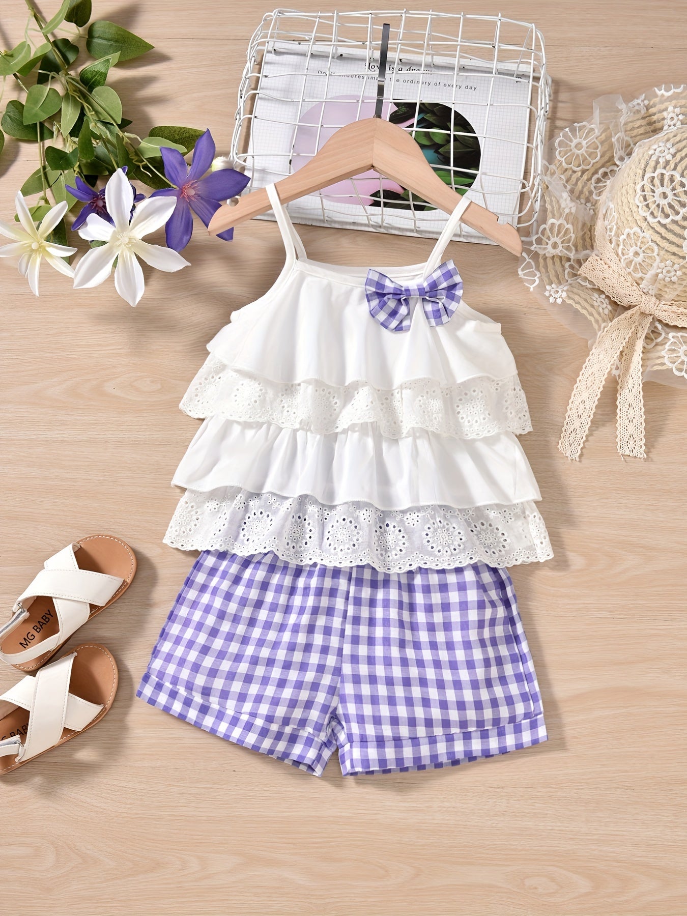 2pcs Girls’ Ruffles Cami Top & Plaid Shorts – Summer Outfit with Flower Hollow Bow