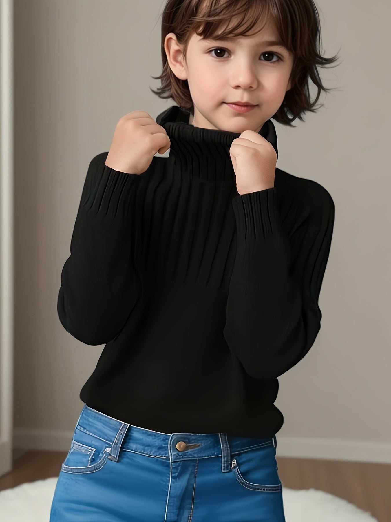 Children's Casual Chic Solid Color High Neck Knitted Pullover Sweater - Viscose Blend Long Sleeve Stretch Knit Top