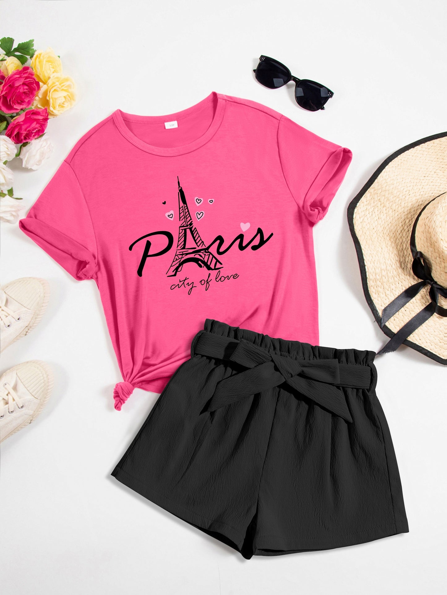 2-Piece Set: Eiffel Tower Graphic Print Teen Girls' Casual Short Sleeve T-shirt & Shorts, Lightweight, Comfy, Cute Summer Clothes