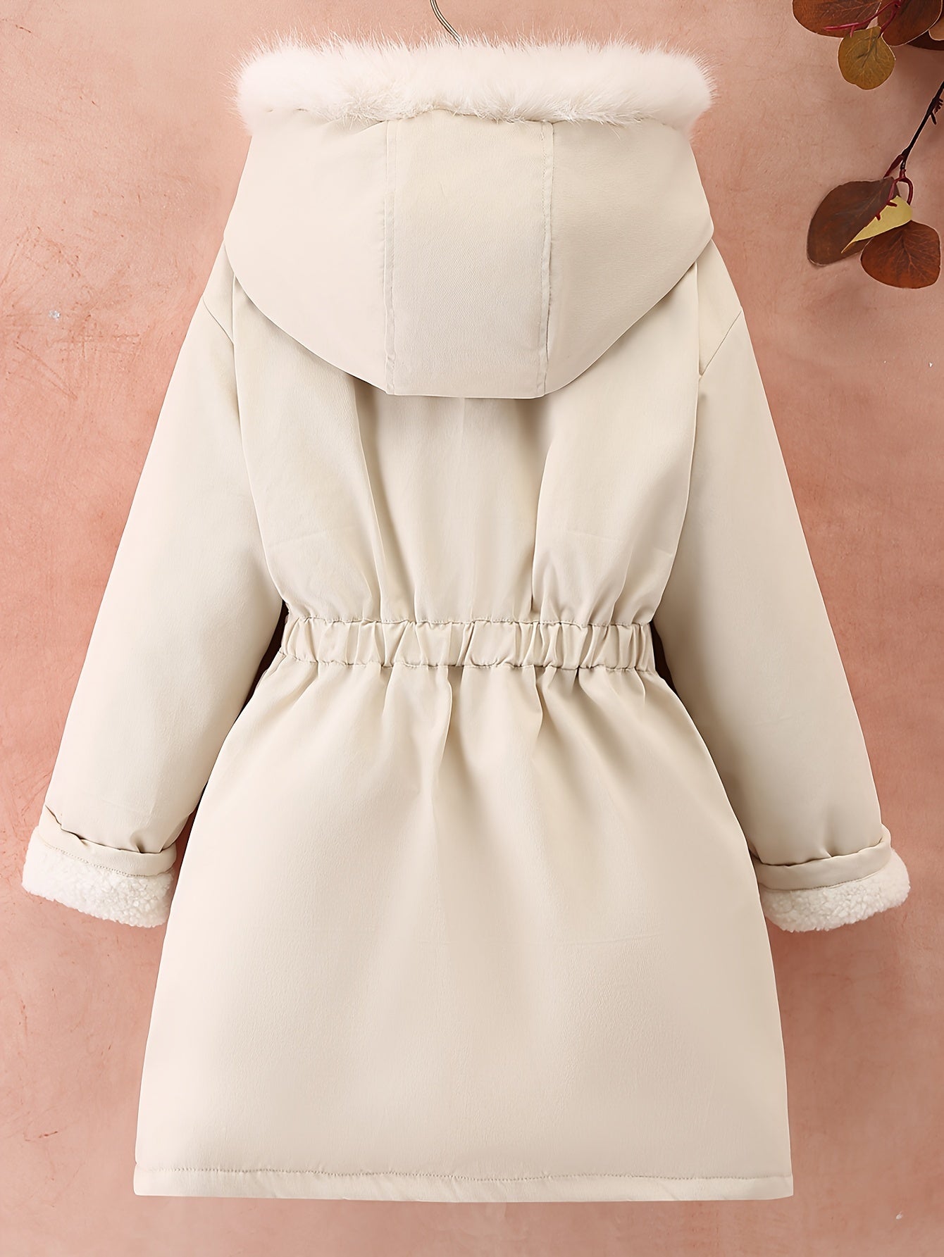 Thick Fleece-lined Girls Elegant Mid-length Jacket with Furry Collar, Hooded, Solid Color, Elastic Waist, All-match