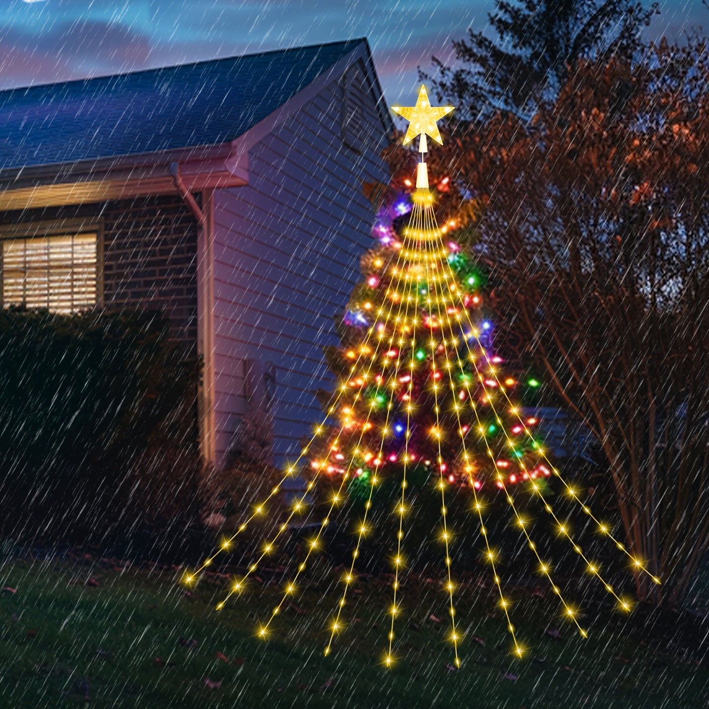 10ft Multicolor Star String Lights with 320 LEDs - Waterfall Christmas Tree Fairy Lights with Star Topper, 8 Lighting Modes for Indoor/Outdoor Holiday Decor, Christmas Decor