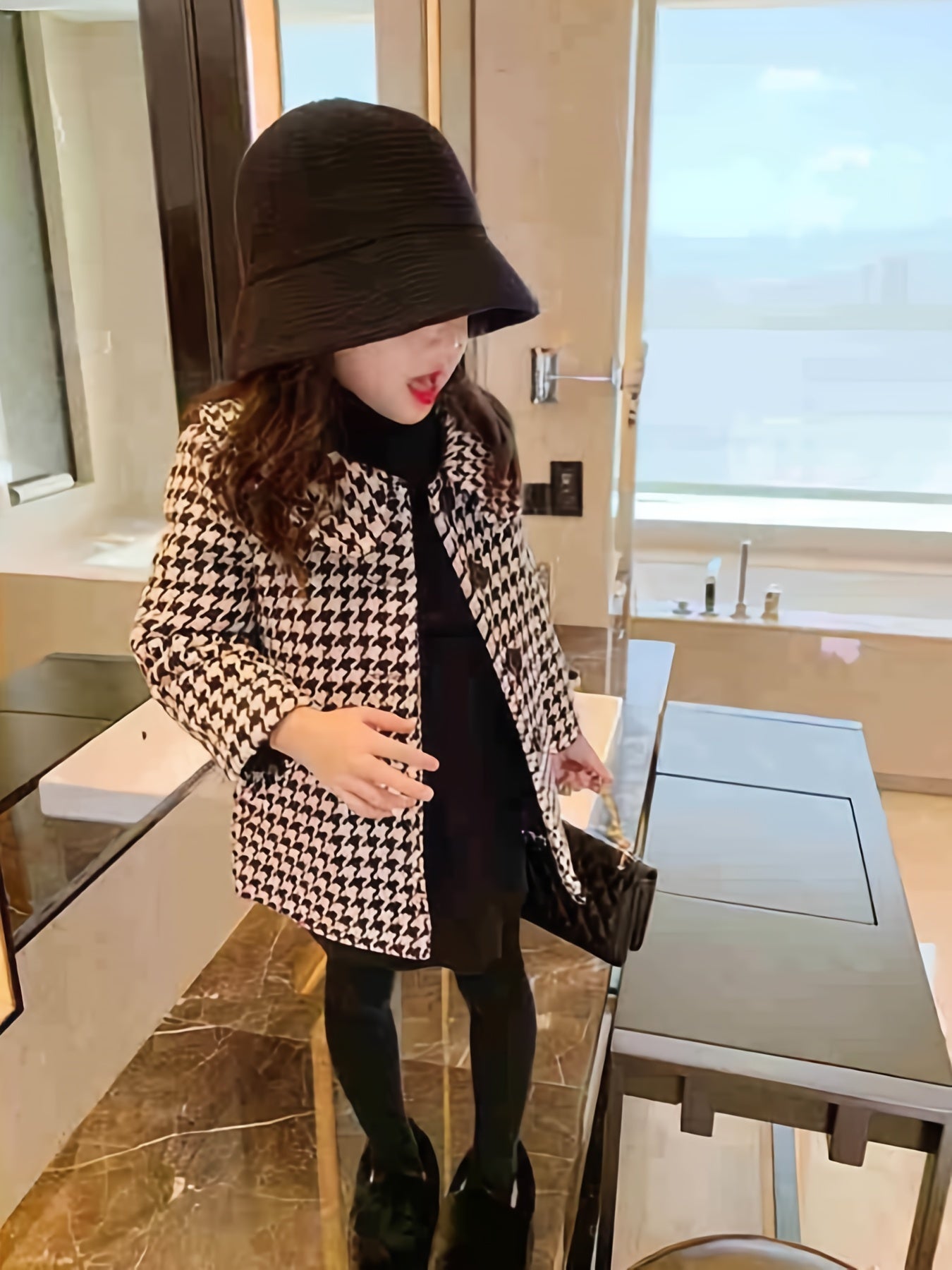 Elegant Houndstooth Dress Coat for Girls, Polyester Lapel Collar Flared Long Sleeve Single Button Coat, Spring/Autumn Mid-Length Children's Outerwear with Button Details - Non-Stretch Regular Fit