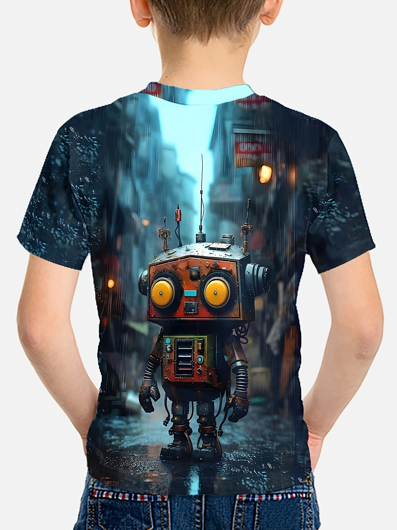 Cool Cartoon Robot 3D Print Boy's Casual T-shirt, Short Sleeve Comfy Tee Tops, Summer Outdoor Sports Clothing