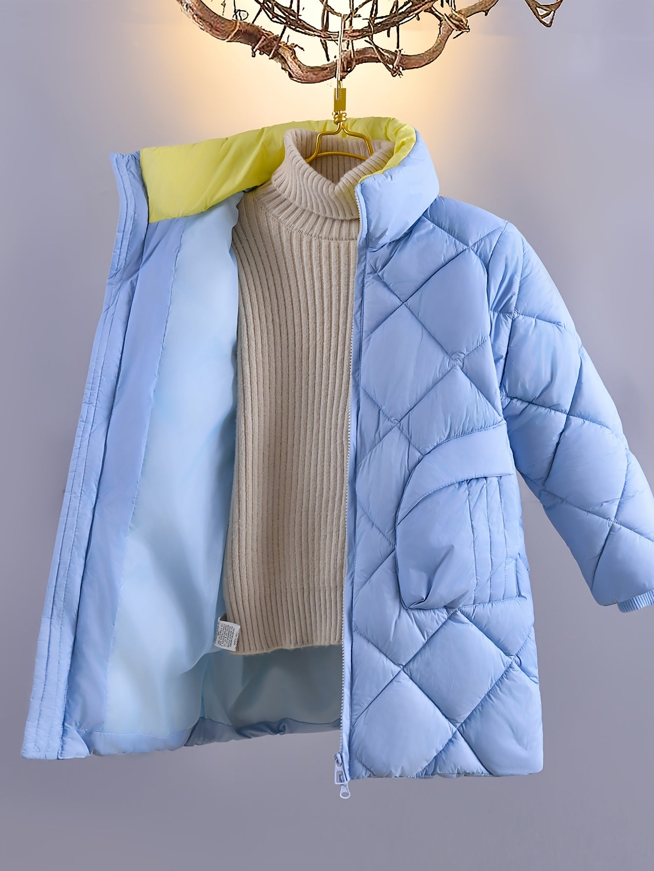 Girls’ Knee-High Puffer Coat with Flower Scarf – Casual Stand Collar, Long Sleeve, Zipper Closure