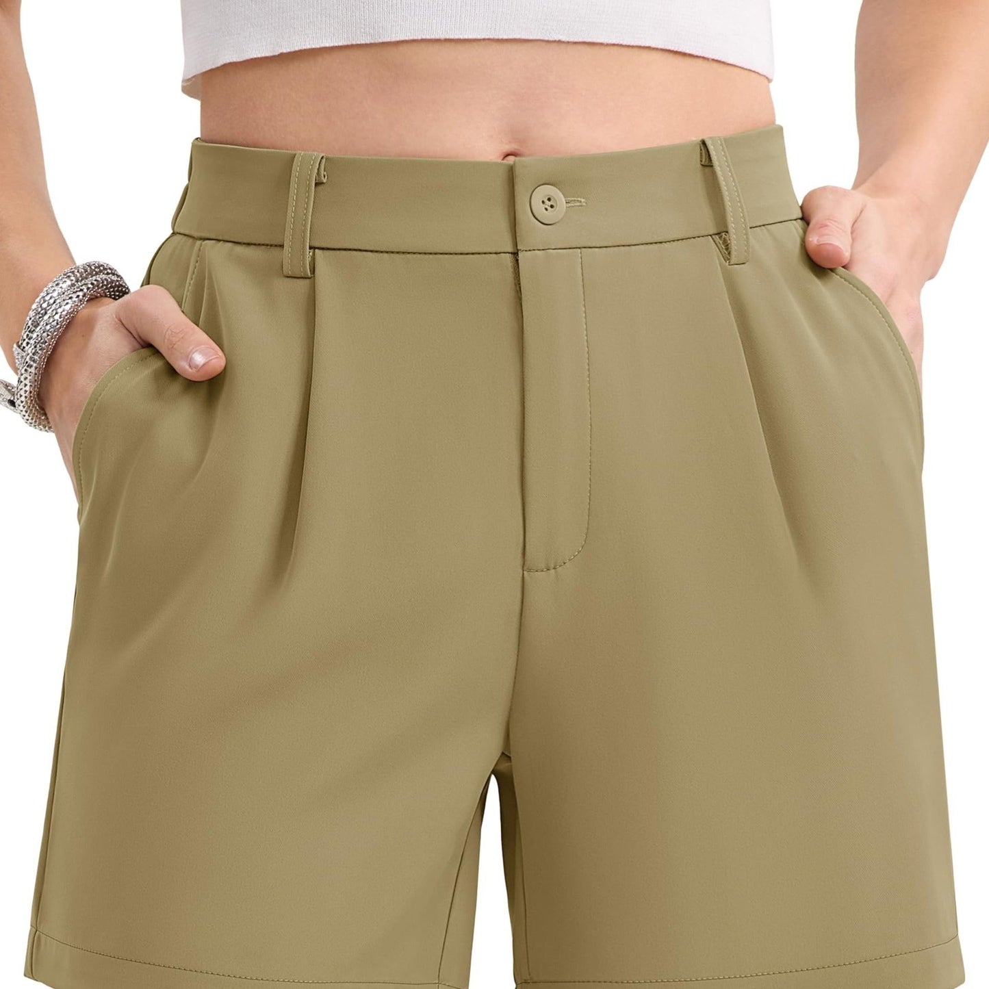 Women's Shorts Dressy Casual Pleated Straight Leg Shorts Summer Elastic Waist Mid Rise Shorts With Pockets Solid Casual Outdoor Shorts Straight-Leg Camping Shorts Breathable Lightweight Stylish Running Shorts