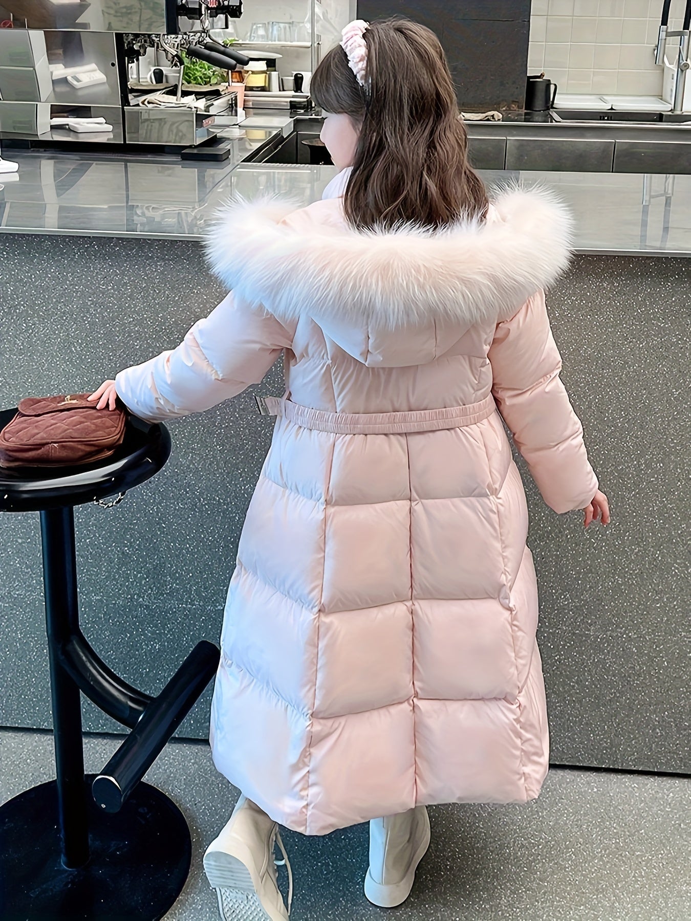 Elegant Long-Length Hooded Parka for Girls, Winter Slim Fit Puffer Coat with Belt, 100% Polyester Composition, Non-Stretch Solid Color with Flared Hem, Regular Sleeve