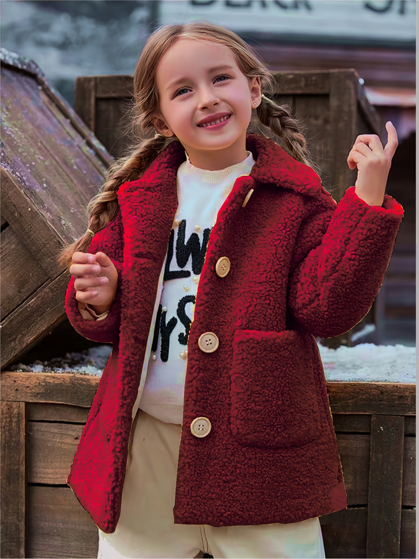 2024 Elegant Shearling Windbreaker Coat - Lapel Collar, Pocket, Slight Stretch, Solid Color, Hand Washable - Winter Thermal Jacket for Girls